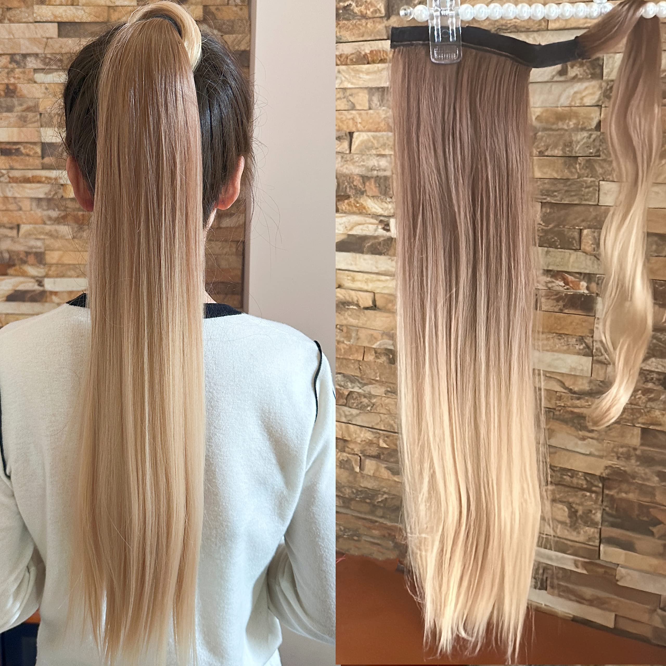 LK BUNANA 22" Synthetic Curly Wavy Straight Clip in Hairpiece Extensions Ombre Wrap around Ponytail (22" Straight Ombre, Light Brown - Sandy Blonde)