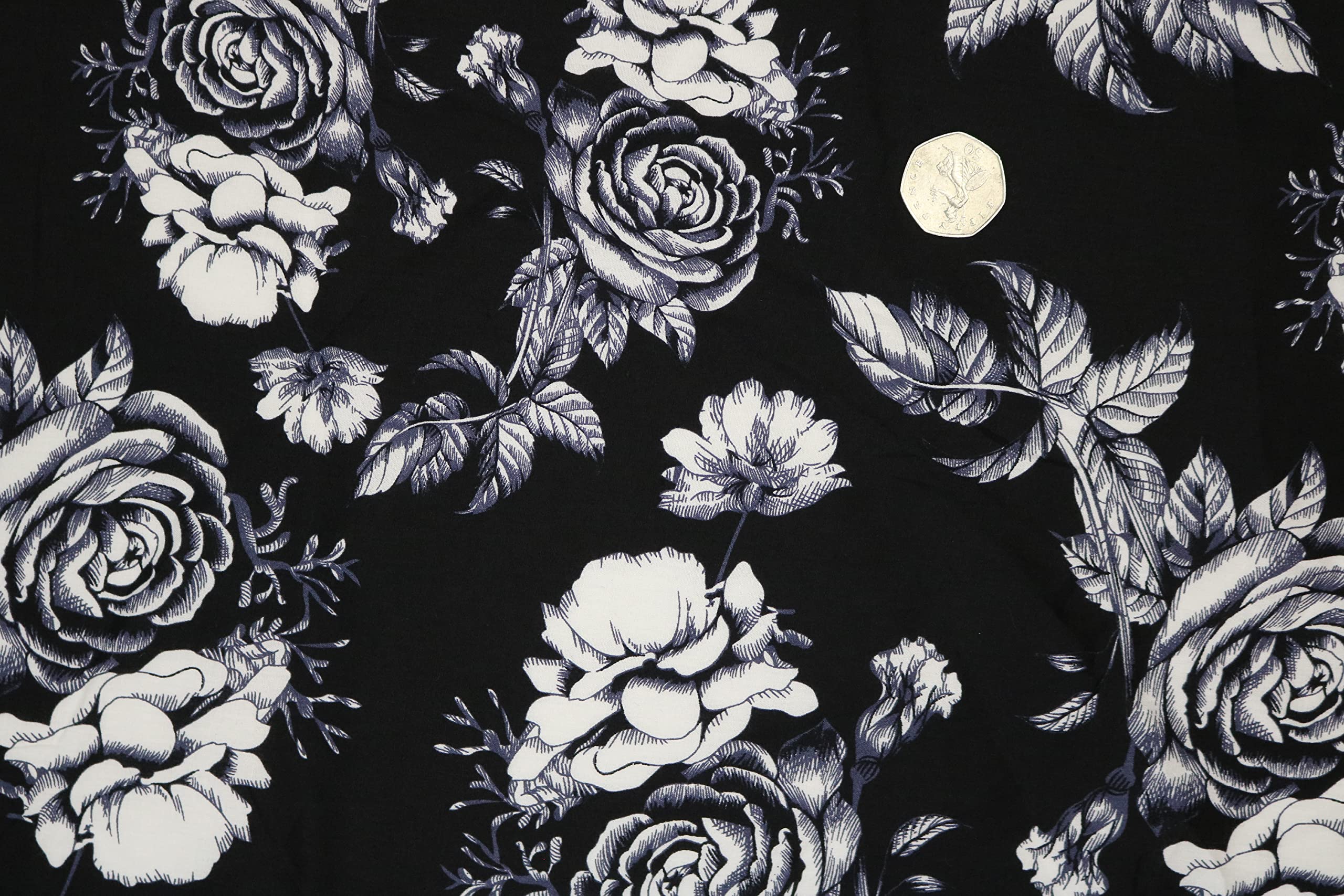 Pyrhan Wide Rose Sketch 100% Pure Cotton Prints – 58 inches Wide Fabric Sold by The metre - Perfect for Sewing Projects and Dress Making (Black)
