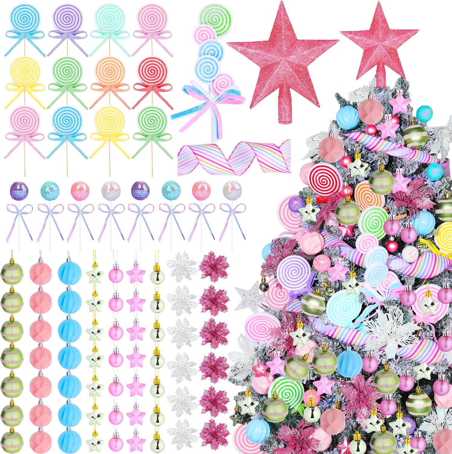 Fovths 125 Pieces Pastel Christmas Tree Decorations Set Christmas Tree Ball Ornaments Star Topper Candy Lollipops Poinsettia Flowers Shatterproof Xmas Baubles for Xmas Holiday Wedding Decorations