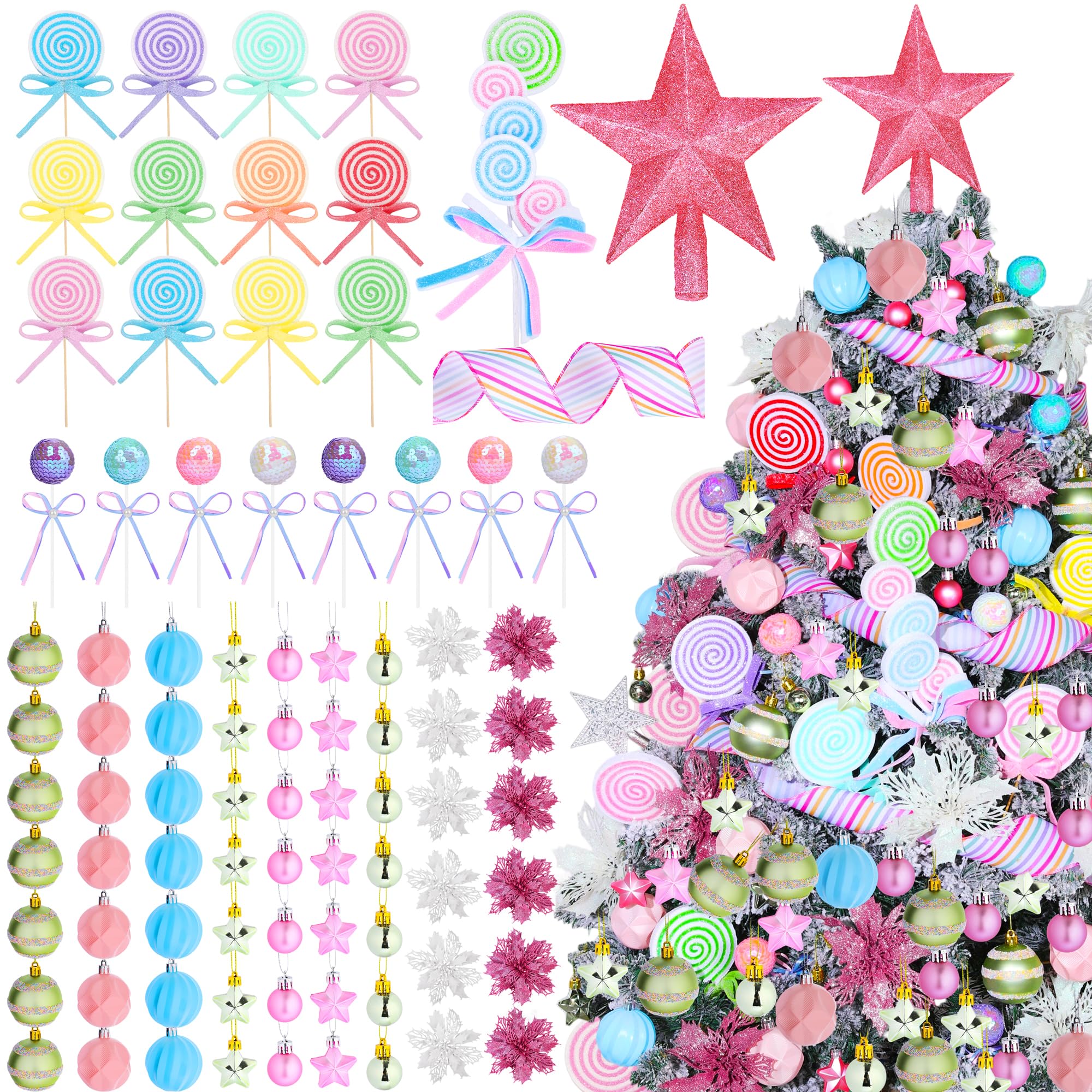 Fovths 125 Pieces Pastel Christmas Tree Decorations Set Christmas Tree Ball Ornaments Star Topper Candy Lollipops Poinsettia Flowers Shatterproof Xmas Baubles for Xmas Holiday Wedding Decorations