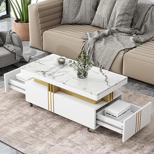 Miniatura 1 de Mesa auxiliar rectangular con cajones de almacenamiento y ruedas para sala de estar, mesa central moderna con parte superior de mármol sintético,
