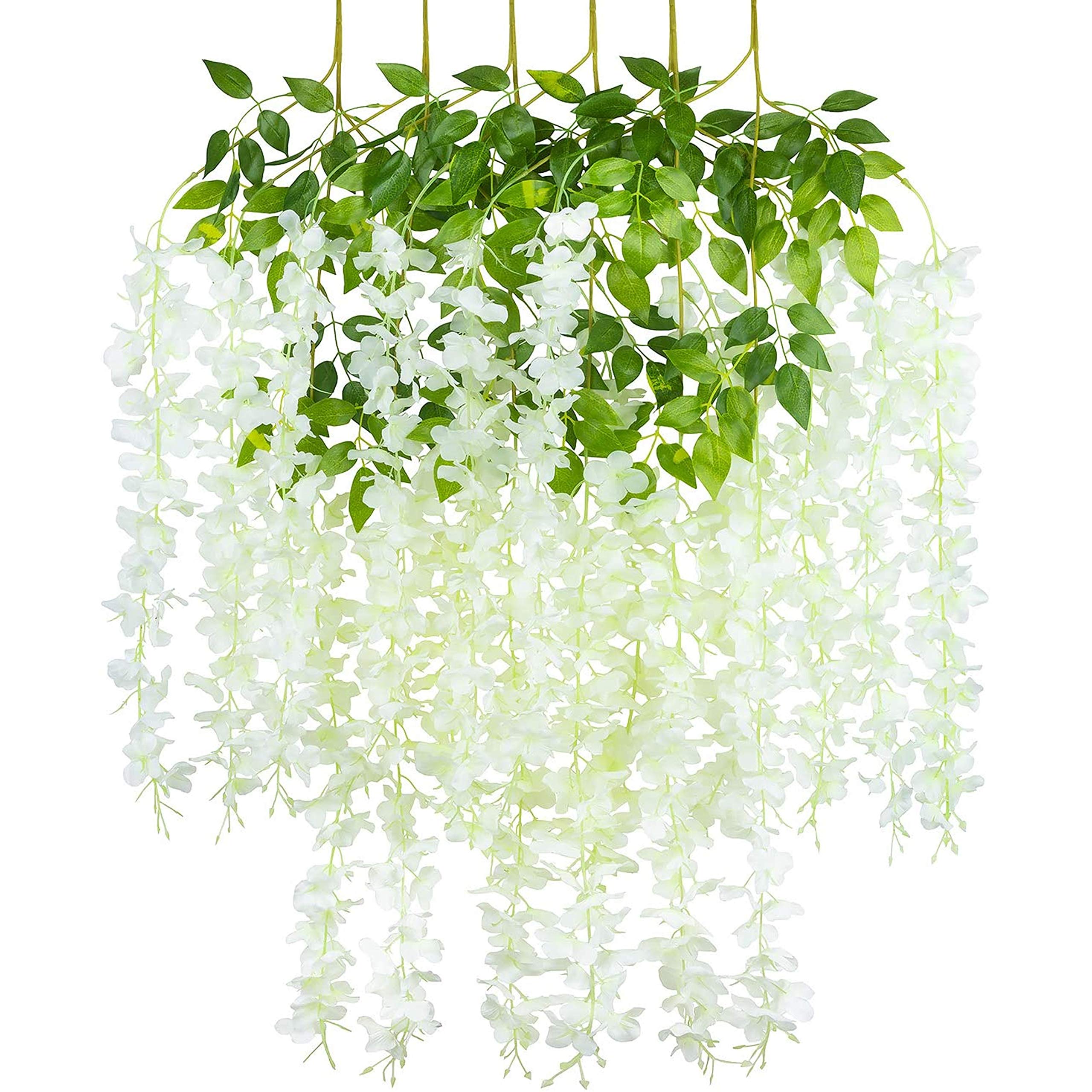 Artificial Flower Wisteria Hanging Vine for Home Decoration Plants Plastic Flowers Decor Items Decorative Bunch Creepers Garlands Leaves Wedding Room, 110 CM (White, 6 Pieces)