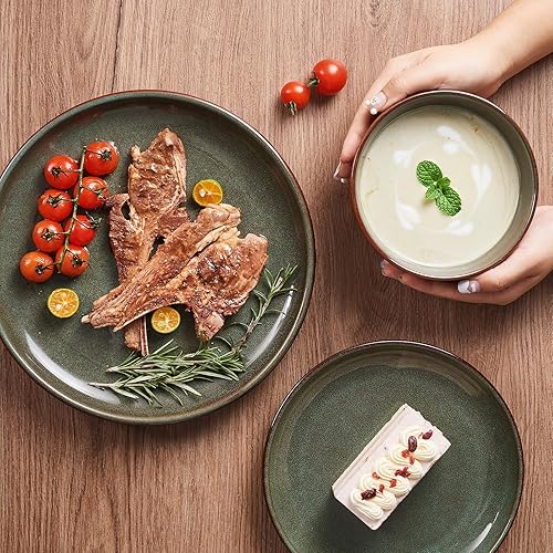 Miniatura 4 de Pokini Juego de vajilla de cerámica para 4, juego de platos y cuencos de esmalte reactivo, juego de platos redondos hechos a mano, altamente