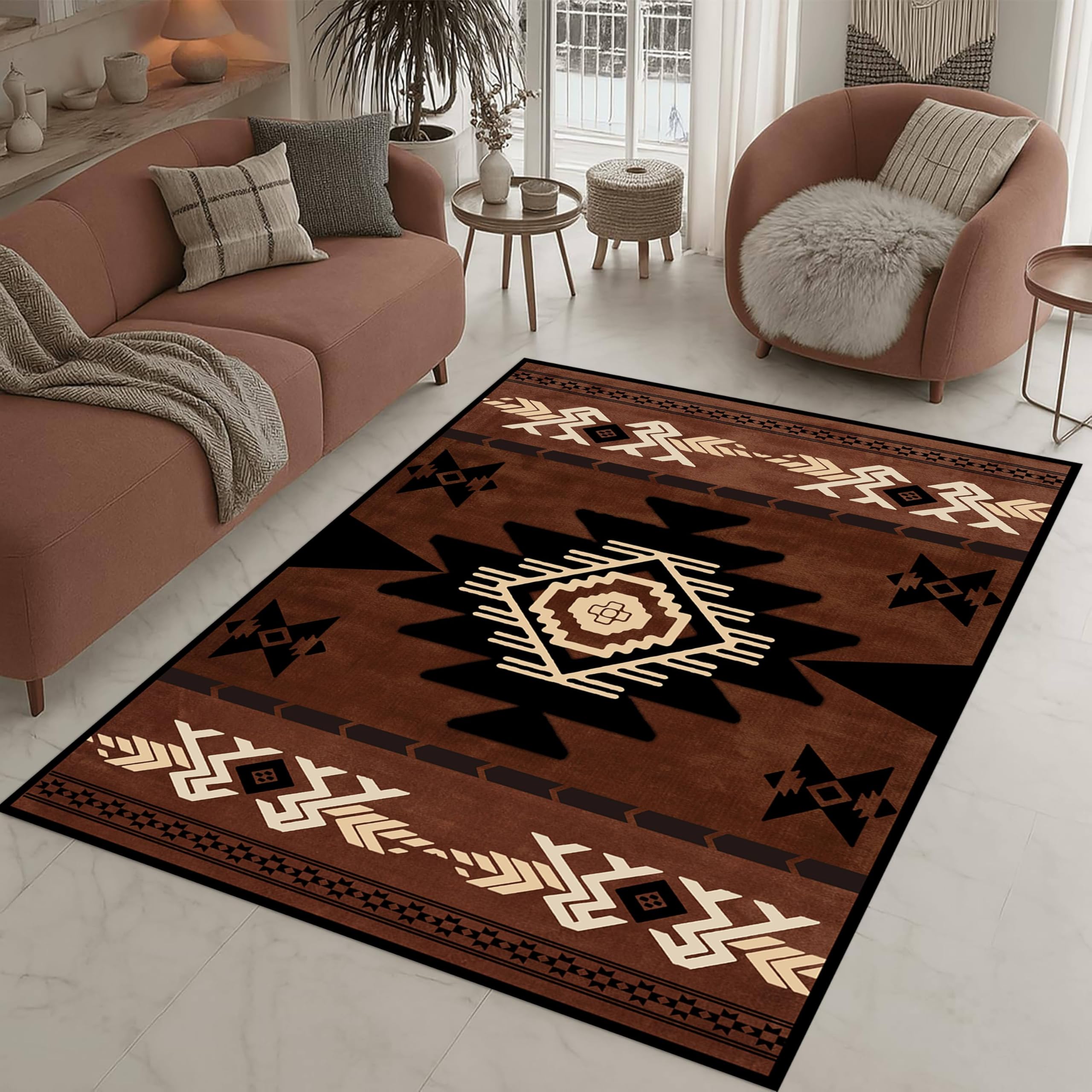 LHOMKCV Vintage Aztec Rug for Kitchen, 120x180cm, Abstract Terracotta Brown Geometric Checkered Farmhouse Rugs, Lightweight Ultra-Thin Breathable Lounge Carpet for Living Room Foyer