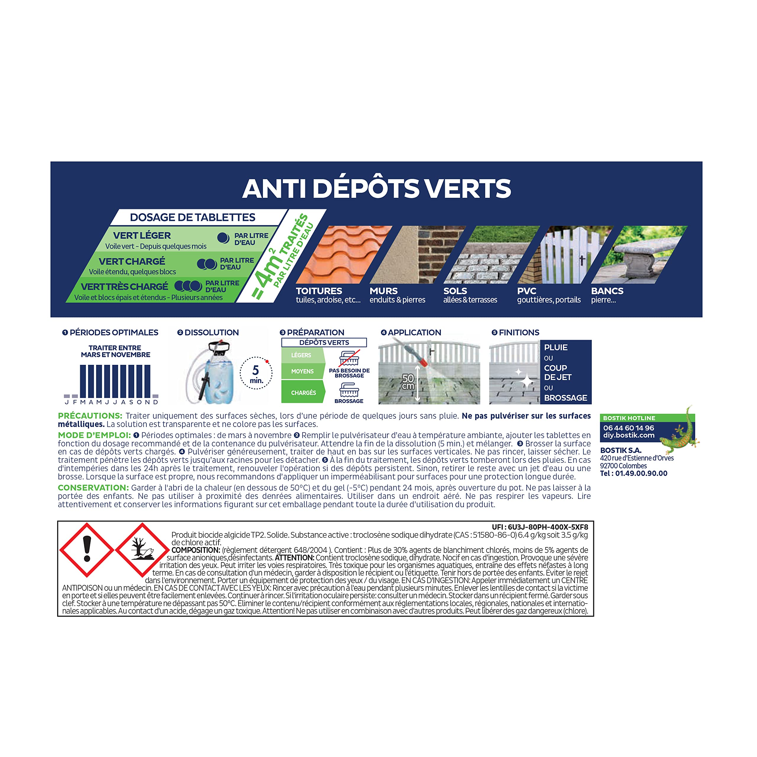Bostik Anti Dépôts Verts, Traitement pour Eliminer Dépôts verts Mousses Algues et Lichens, Tablettes Ultra Concentrées pour Toits Façades et Sols, Transparent après Dilution, Boite de 60 Tablettes