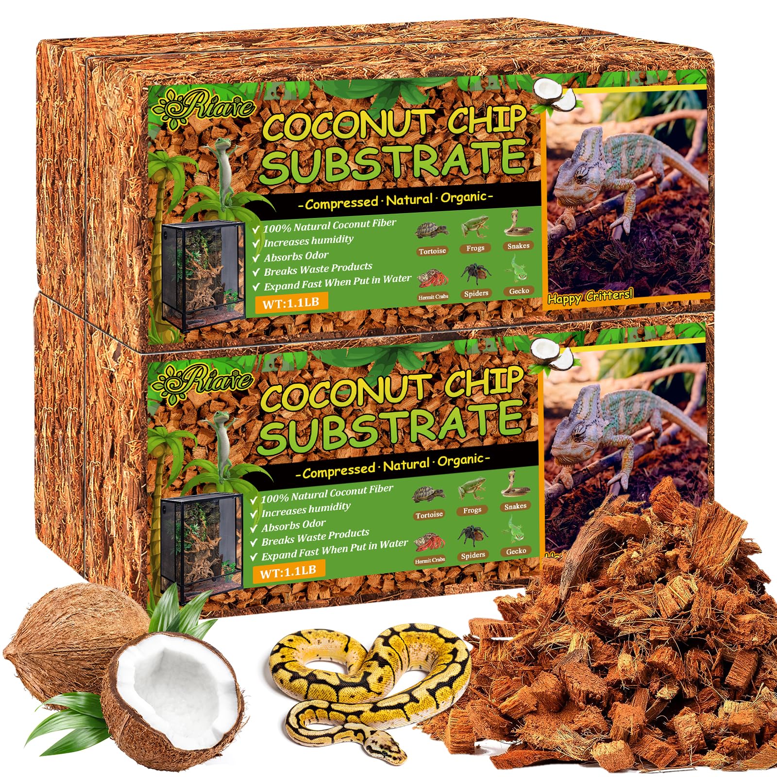 Riare 4Pack Coconut Husk Chip for Reptiles, 4.4LB Coconut Fiber Substrate