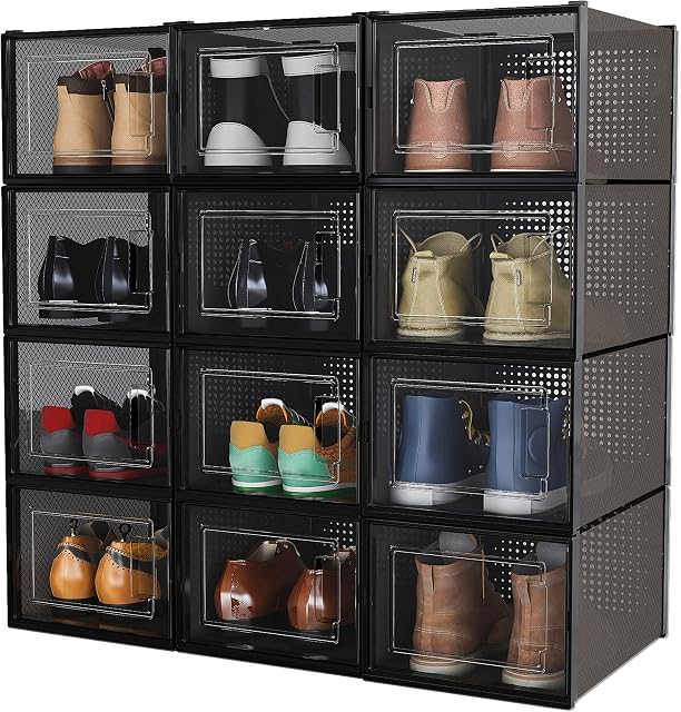 Meerveil Plastic Shoe Box, Stackable Shoe Boxes, L Size Up to UK 11, Shoe Boxes Set of 12, 36×28×21cm, Shoe Organizer with Door, DIY Easy Assembly, Black