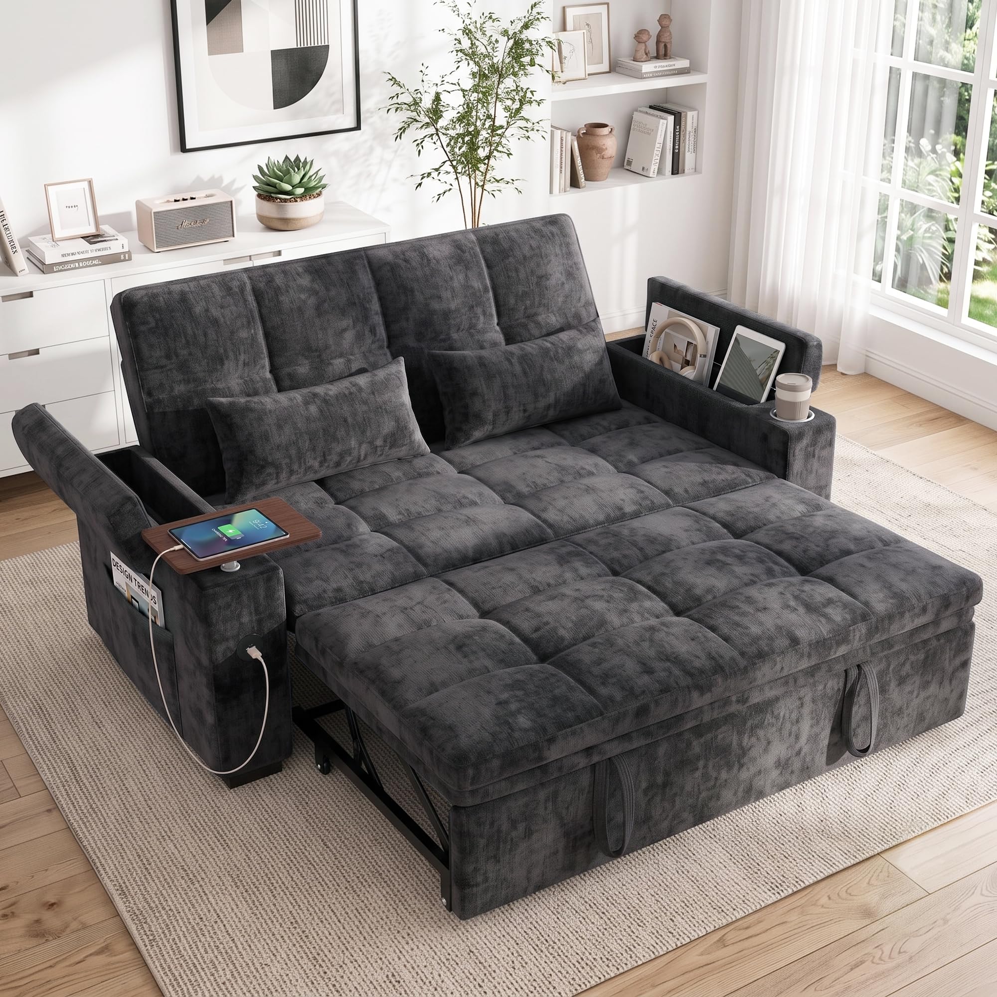 Convertible Chenille Sleeper Sofa with Side Table