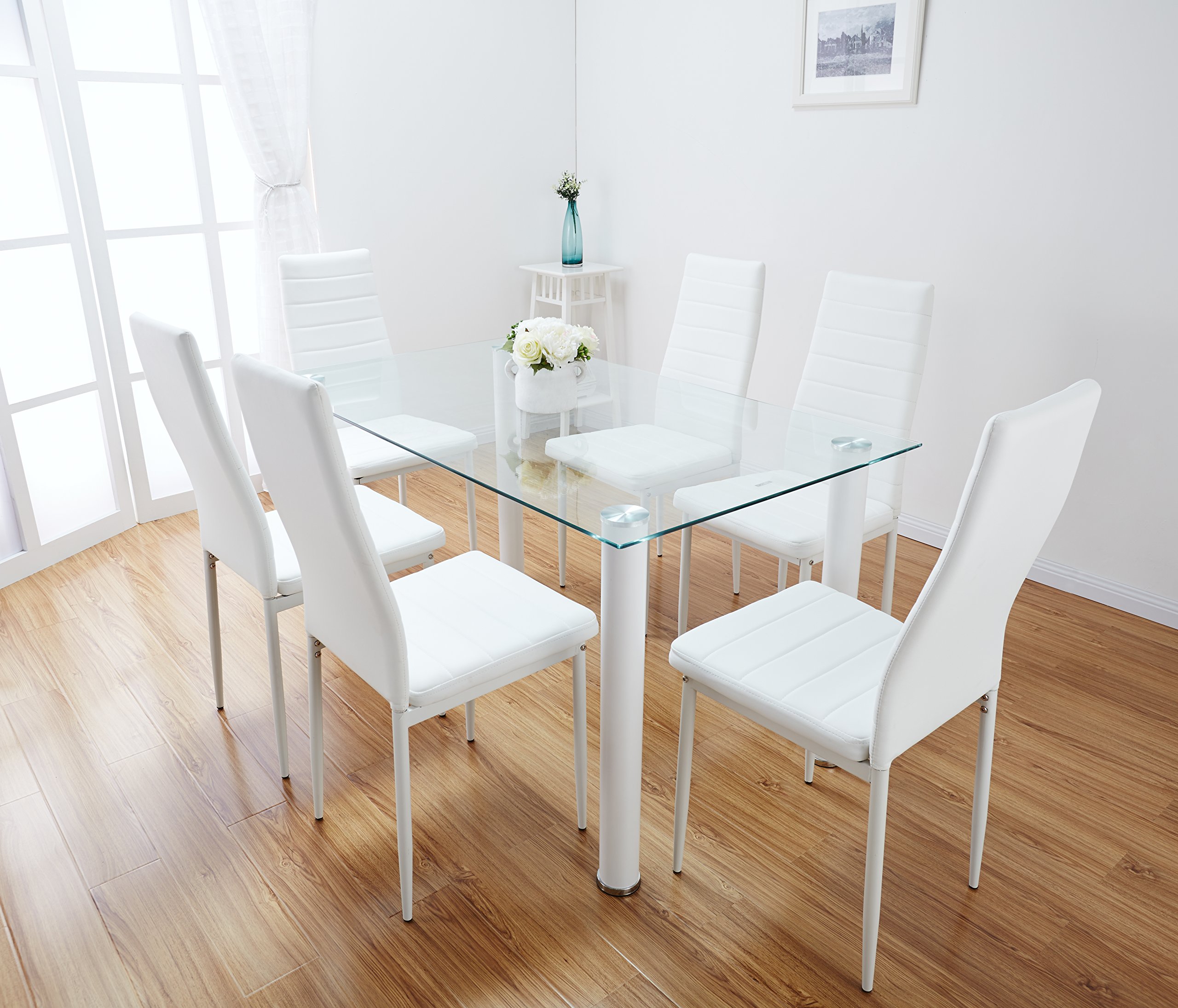 Black & White Glass Dining Table Set with 6 Faux Leather Chairs (White) by Toscano