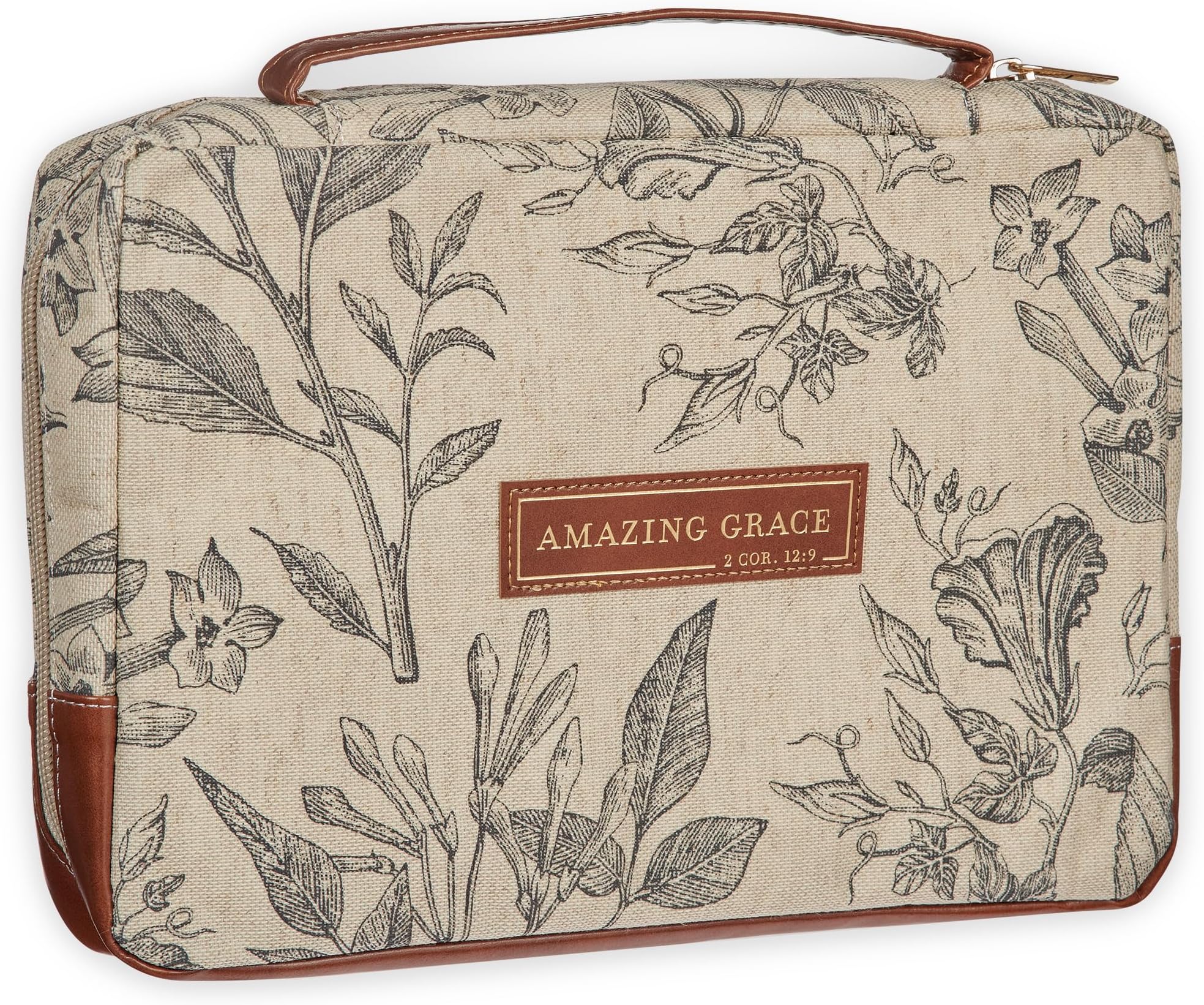 Christian Art Gifts Women's Premium Natural Canvas Vegan Leather Fashion Bible Cover: Amazing Grace - Inspirational Scripture, Sturdy Protective Book Carry Case Accessory, Creamy Brown Floral, Large
