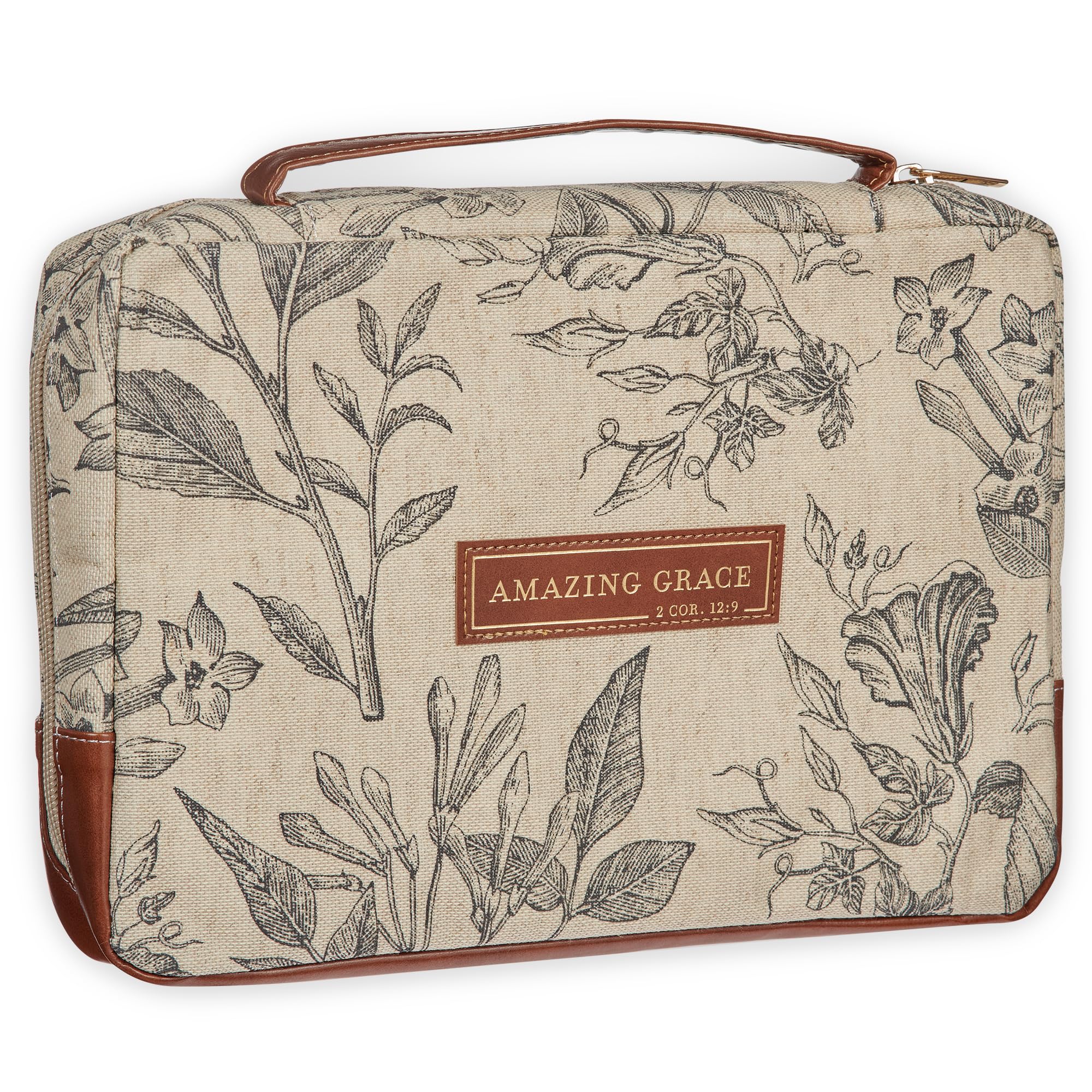 Christian Art Gifts Women's Premium Natural Canvas Vegan Leather Fashion Bible Cover: Amazing Grace - Inspirational Scripture, Sturdy Protective Book Carry Case Accessory, Creamy Brown Floral, Large
