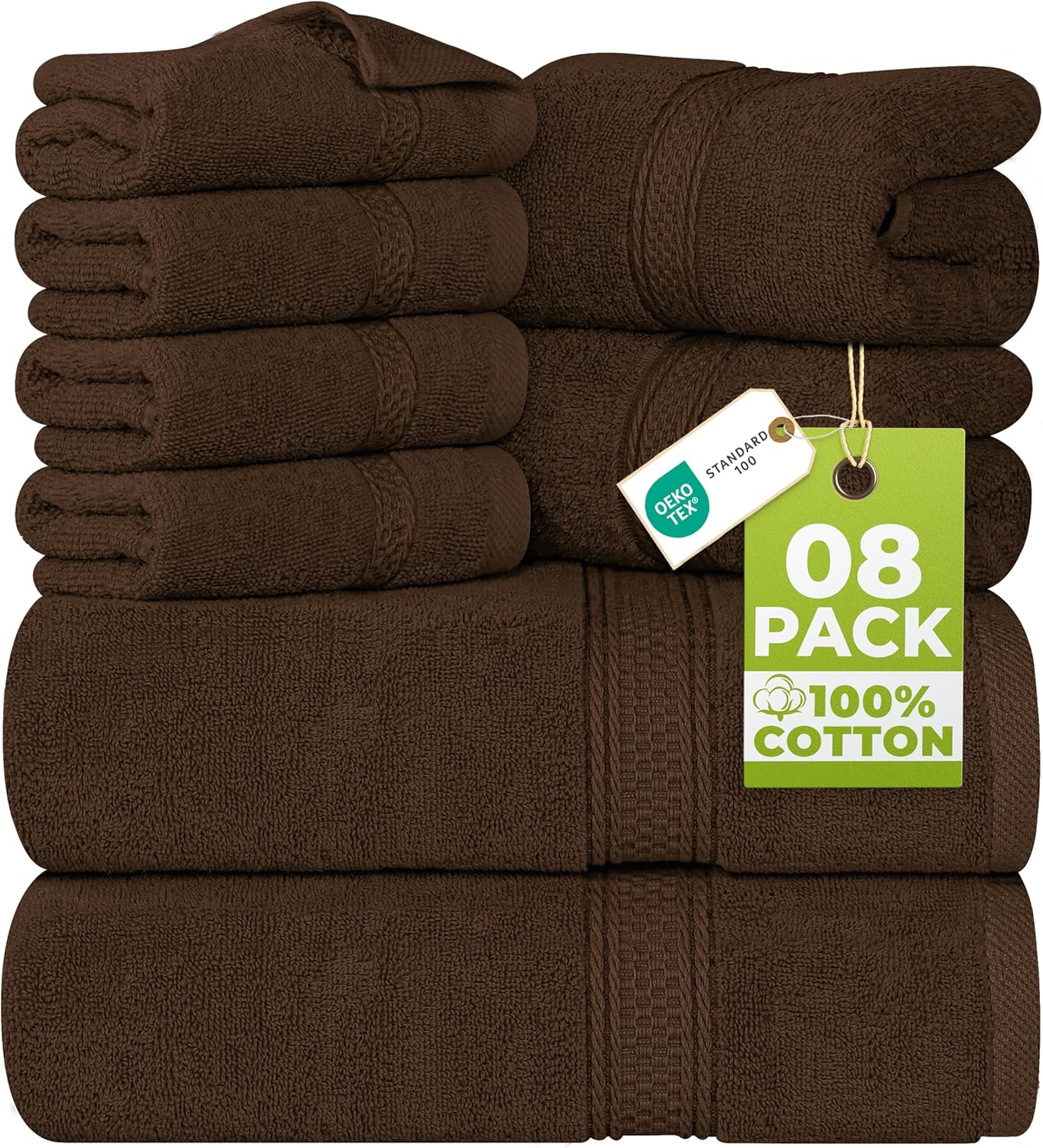 Utopia Towels 8-Piece Premium Towel Set, 2 Bath Towels, 2 Hand Towels, and 4 Wash Cloths, 600 GSM 100% Ring Spun Cotton Highly Absorbent Towels for Bathroom, Gym, Hotel, and Spa (Brown)