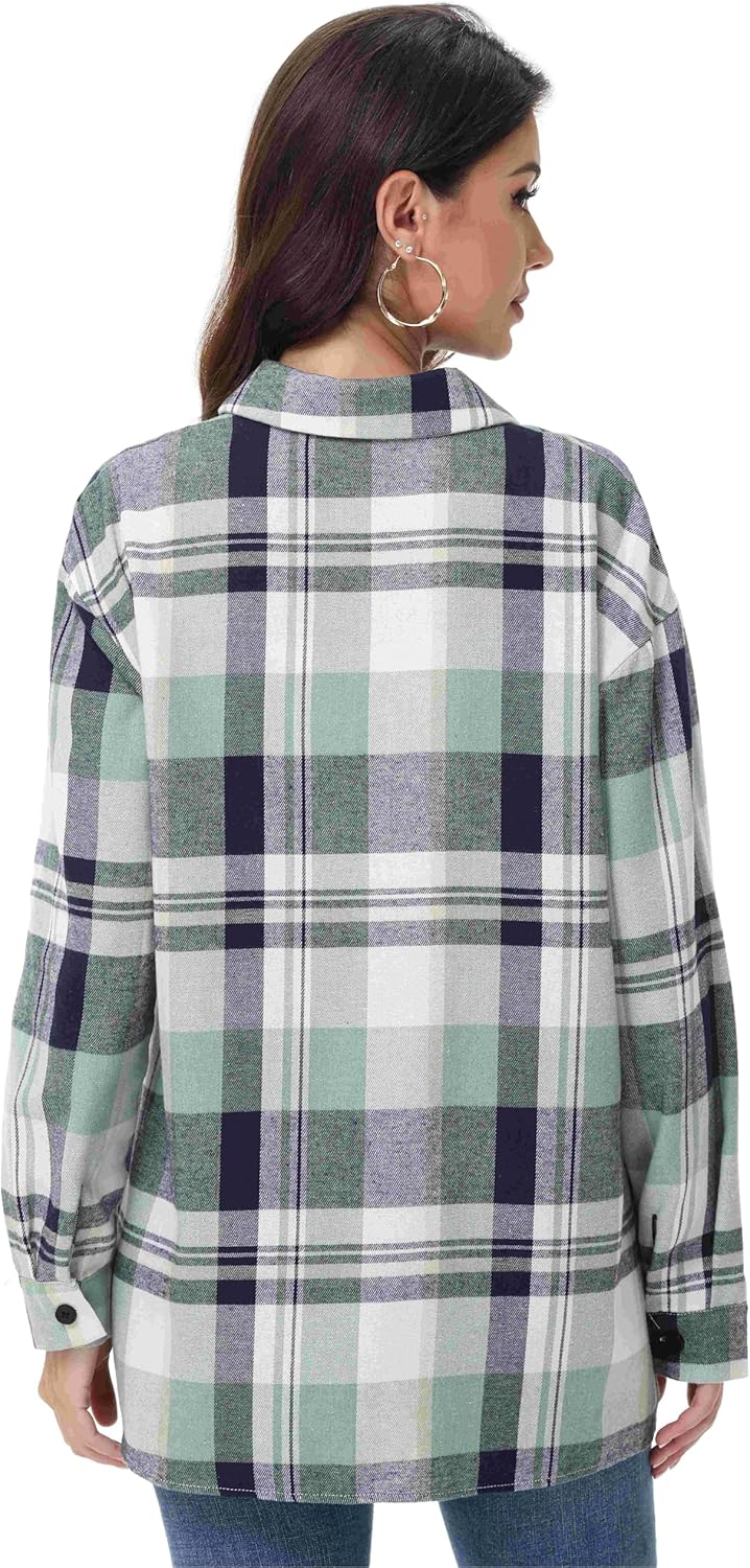 Womens Button Down Plaid Shirts Oversized Long Sleeve Collared Casual Blouse Top - Image 6