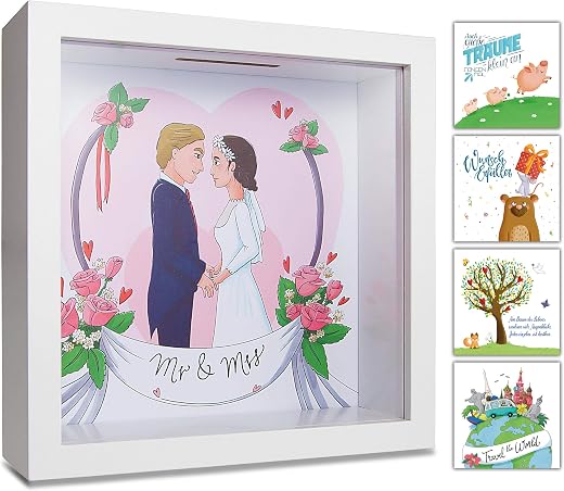 GLÜCKSWOLKE - Spaarpot Mr & Mrs I Motief Bruiloft I Geldgeschenken verpakking I Cadeau Money Box Piggy Bank I spaarvarken groot I 3D fotolijst vullen I Huwelijksgeschenk I Wedding Fund