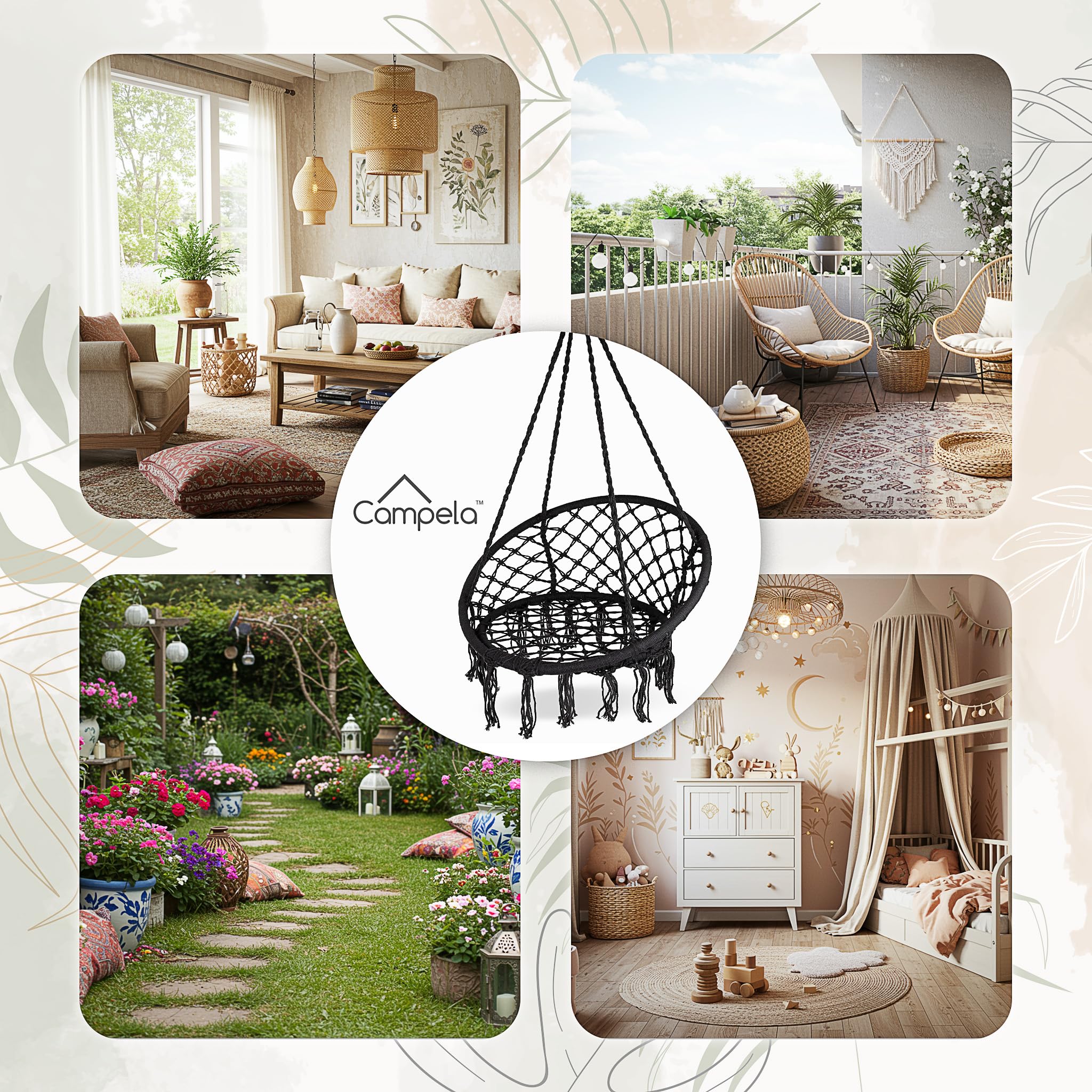Poltrona Sospesa Boho Corda Macramè Nera 150 kg Seduta Ergonomica Sedia Amaca Rotazione 360°