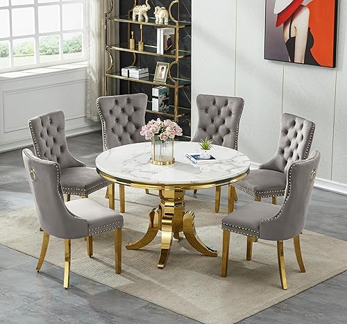 Miniatura 12 de Juego de mesa de comedor redonda de mármol blanco para 6, mesa de comedor redonda de lujo de mármol de 45 pulgadas con 6 sillas de terciopelo azul,