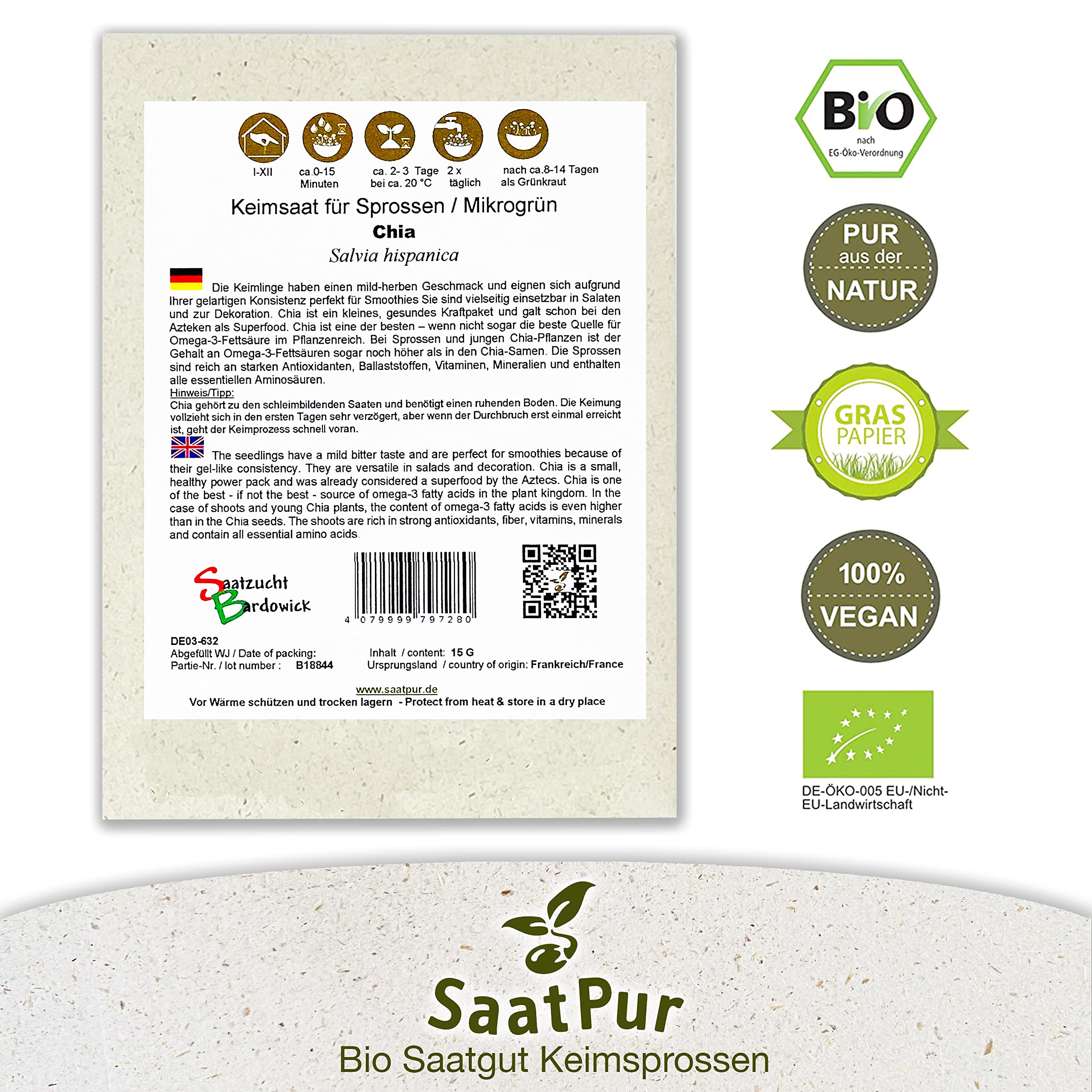 BIO Keimsprossen Chia Bio Keimsaat von SaatPur - Sprossen, Microgreens - Kleines Tray mit 40 Portionstüten je 15g
