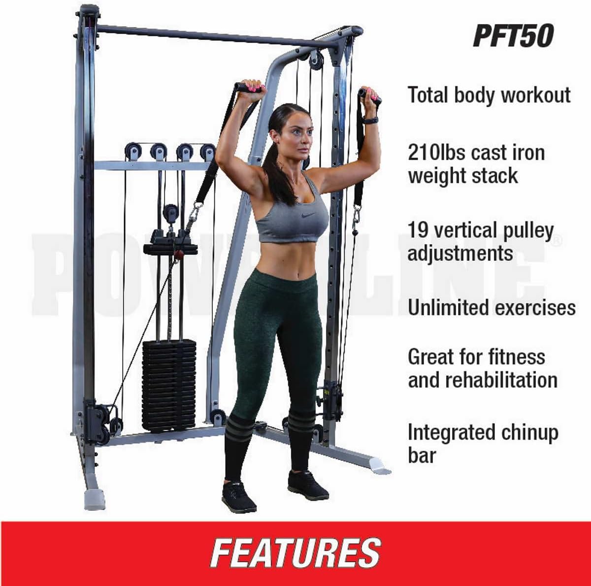 Powerline (PFT50) Functional Trainer by Body-Solid - Compact Dual Pulley Gym Equipment with 210 lb Weight Stack, Adjustable Swivel Pulleys