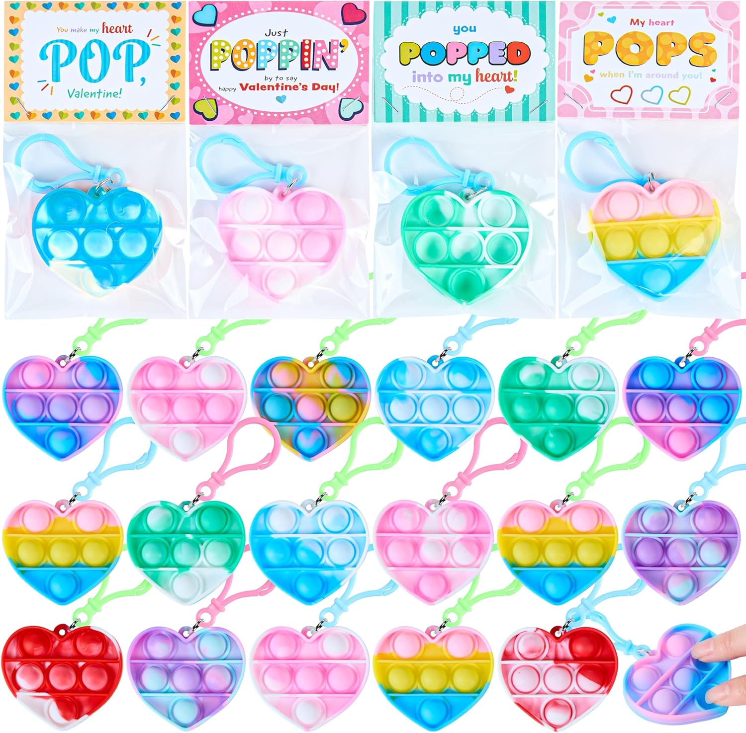 JOYIN 30 Packs Valentine's Day Gift Cards with Pop Fidget Keychain Toys, Stress Anxiety Relief Fidget Toy with Card for Kids Valentine Classroom Exchange Prizes, Valentine's Day Party Favor