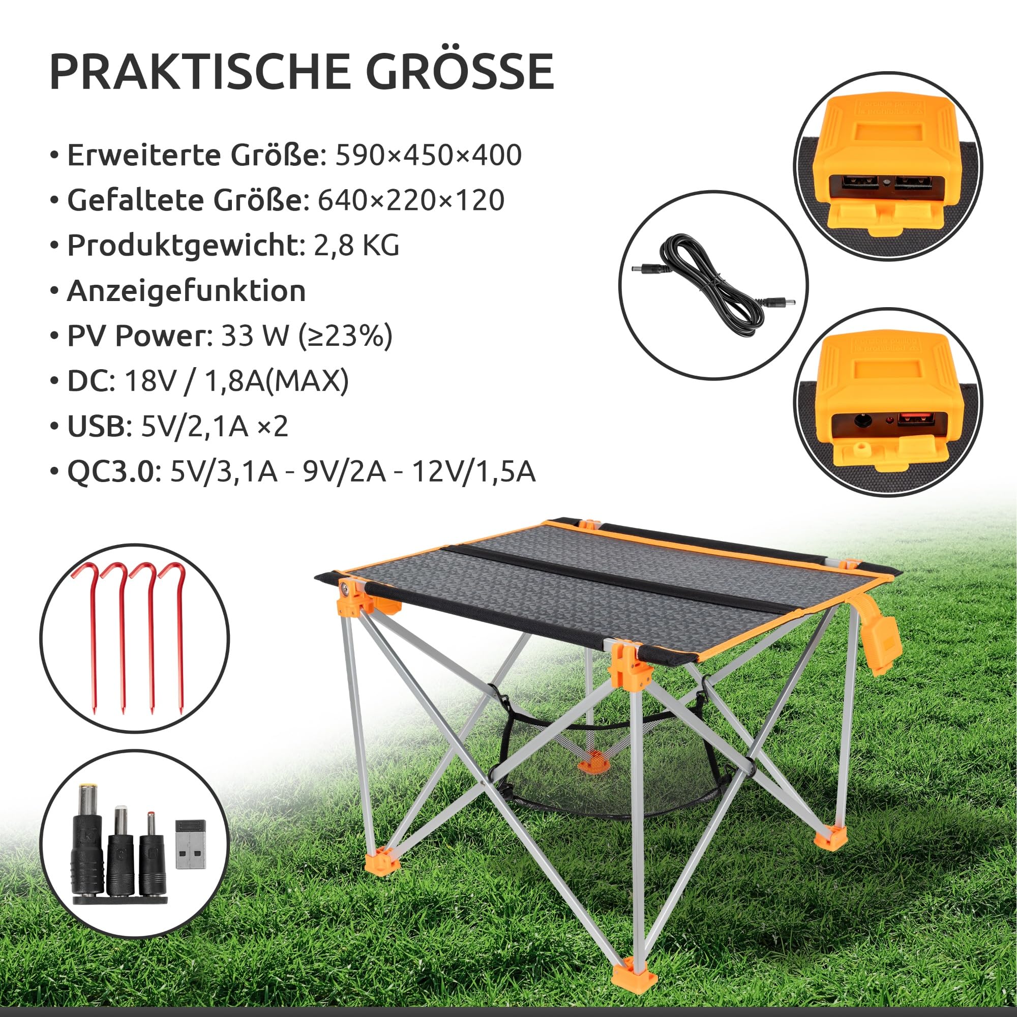 Solar Campingtisch faltbar klein leicht I 33W Solarpanel USB und Klapptisch I Outdoor Ausrüstung Ultraleicht I Solar Ladegerät für Handy I Camping Zubehör