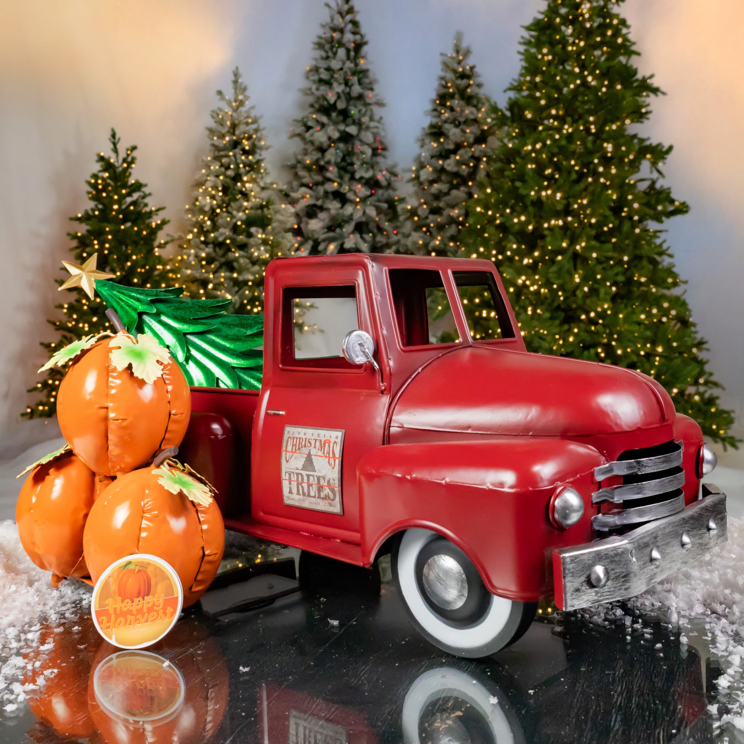 Zaer Ltd. Metal 18.5" Long Multi-Seasonal Christmas and Harvest Pickup Truck with Metal Tree, Pumpkins, and Matching Side-Magnet Sets (Antique Red)