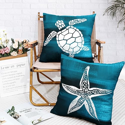 Miniatura 6 de Kwlegh Juego de 2 fundas de almohada decorativas con temática de playa de 18 x 18 pulgadas, diseño de tortuga costera moderna, diseño de estrellas