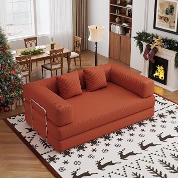 59.0 Inch Convertible Sofa Bed, 4-in-1Futon Sofas Bed Pull Out Sleeper Couch, Modern Deep Seat Sofa for Living Room, Corduroy Boneless Couches for Bedroom, Apartment, No Assembly, Orange, 59" 2 Seat
