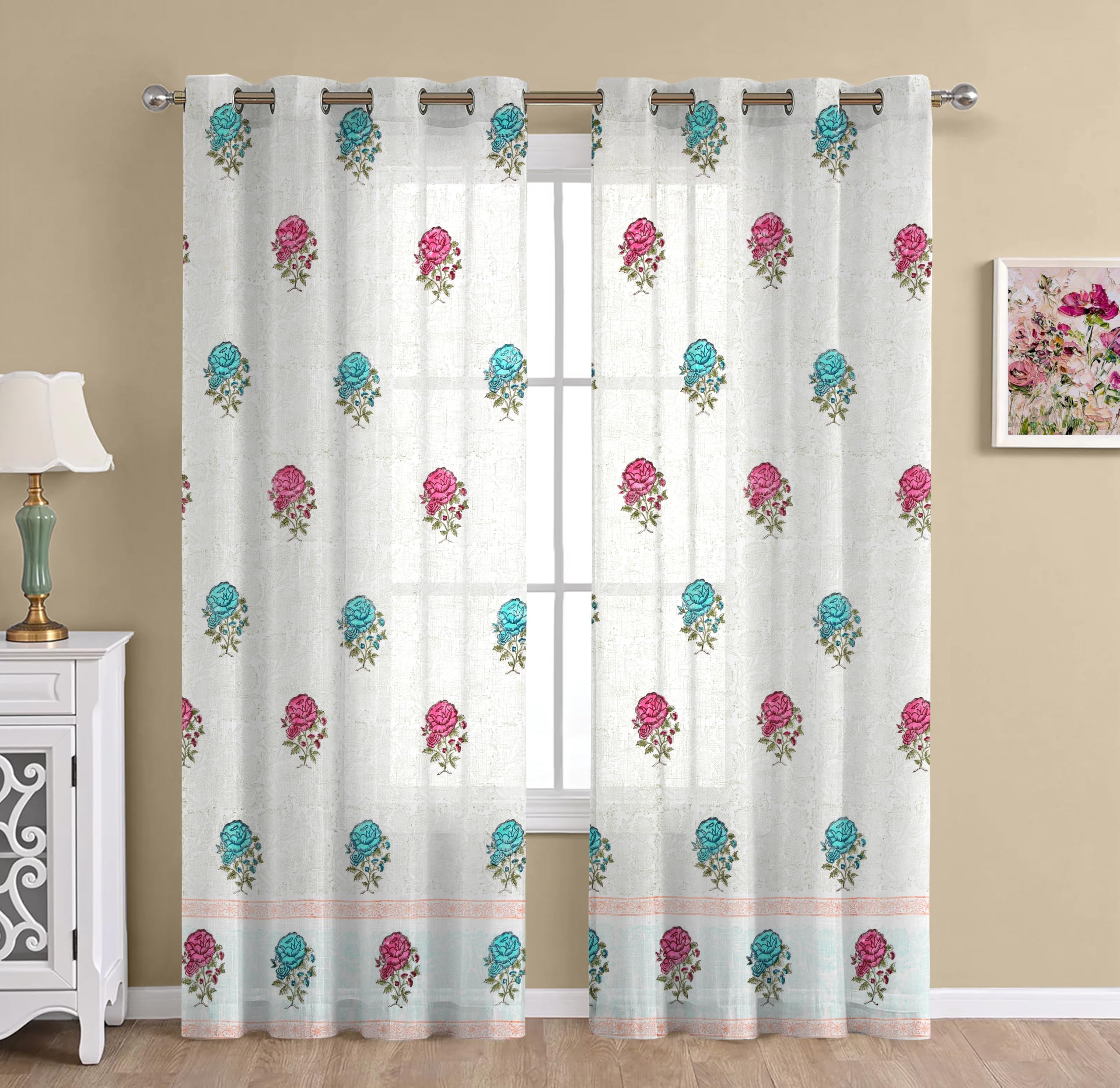 THE LINEN COMPANY Cotton Sheer Printed Curtain for Door Bedroom and Living Roonm Home décor Set of 2 (08 Feet,Royal Rose)
