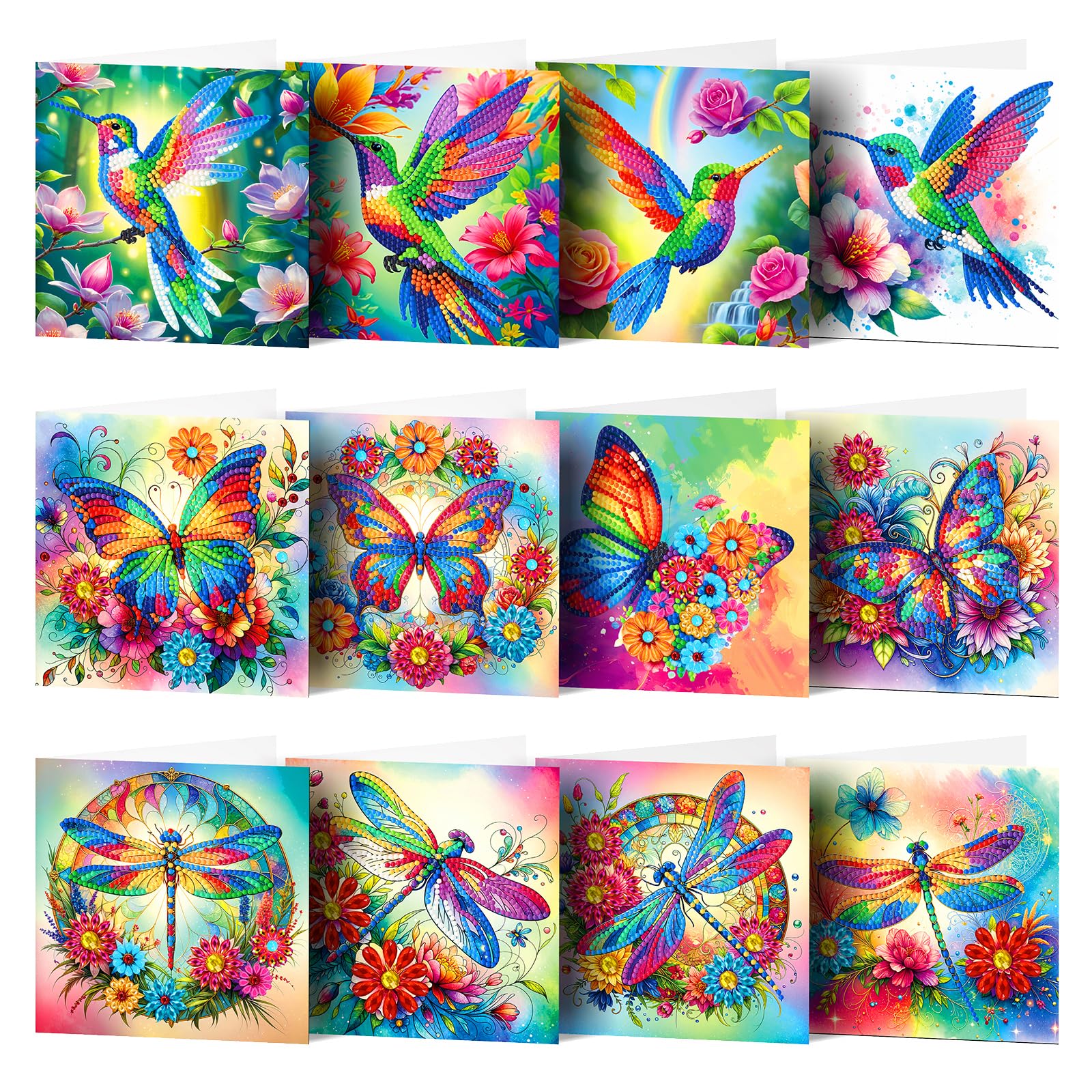 POETRYDRAW 12 PCS DIY Butterfly Hummingbird Dragonfly Diamond Art Greeting Card Set with Envelopes, 5D Rhinestone Arts Postcards for Adults & Gifts