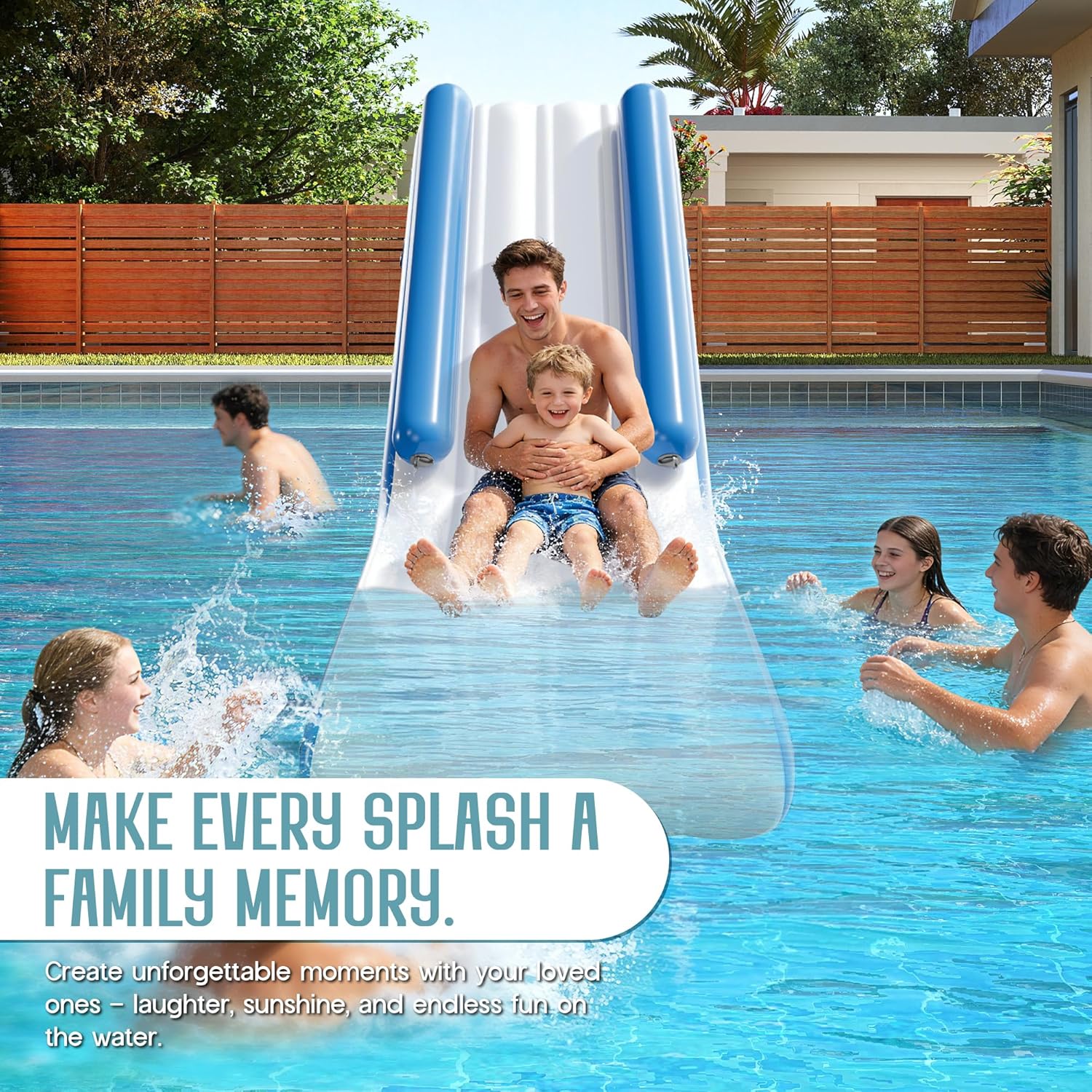 SPECRAFT 10L×2.6W×4H FT Inflatable Pontoon Water Slide with Climbing Handle, White & Blue, Outdoor Waterfall Slide for Adults & Kids, Easy Setup Lake & Boat Water Fun