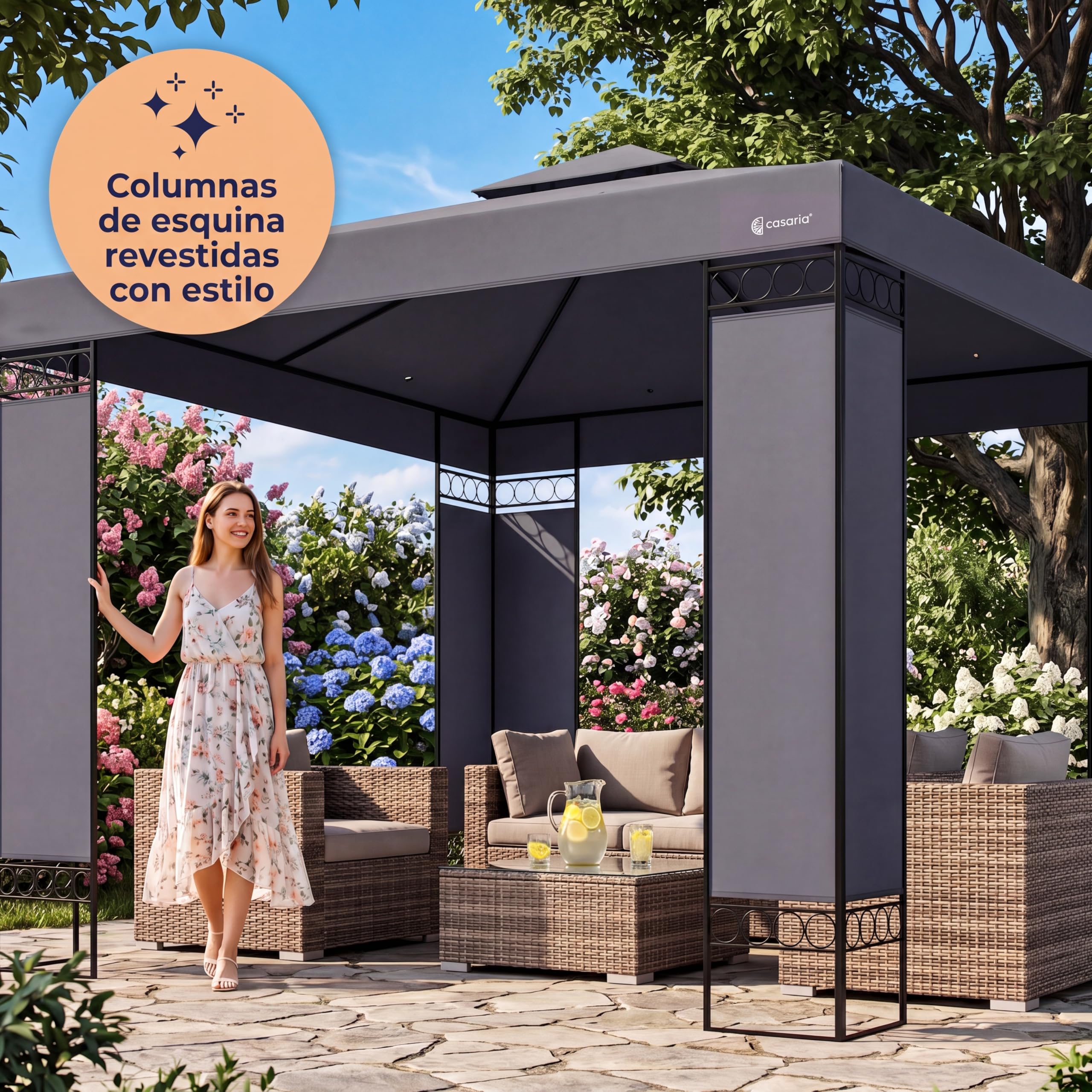 Casaria Cenador Lorca Jardín 3x3m Pabellón Pérgola Carpa Protec. UV 50+ Repele Agua Doble Techo