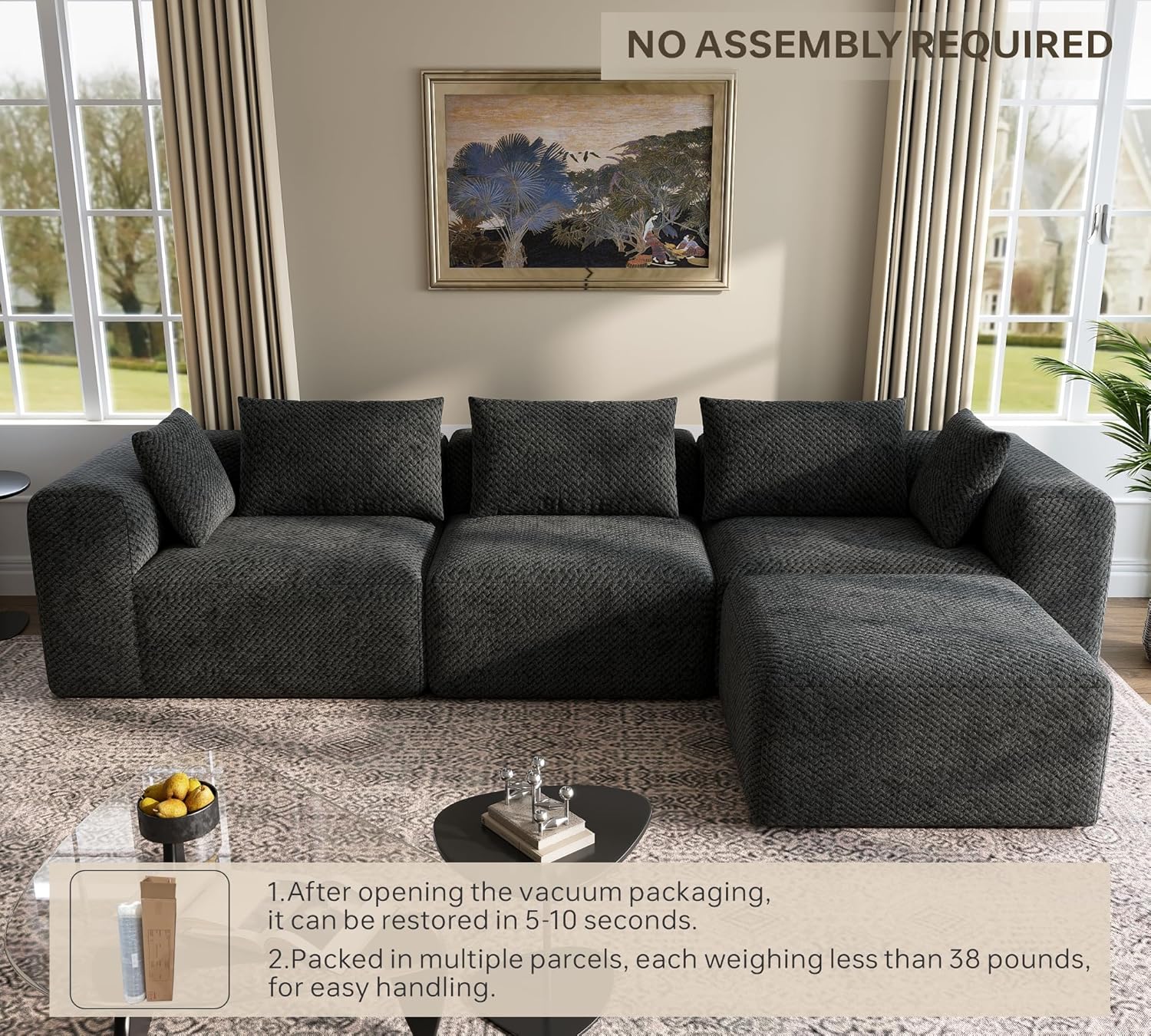 75'' Boneless Couch - Sectional Cloud Sofa for Living Room,Two-Seater Modular Couches,No Assembly Required, Suitable for Living Rooms and Bedrooms,Dark Gray