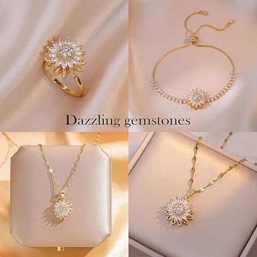 Miniatura 2 de Pulsera giratoria de girasol para mujer, collar de girasol para ansiedad, anillo de circonita dorada, juego de joyas para aliviar la ansiedad y