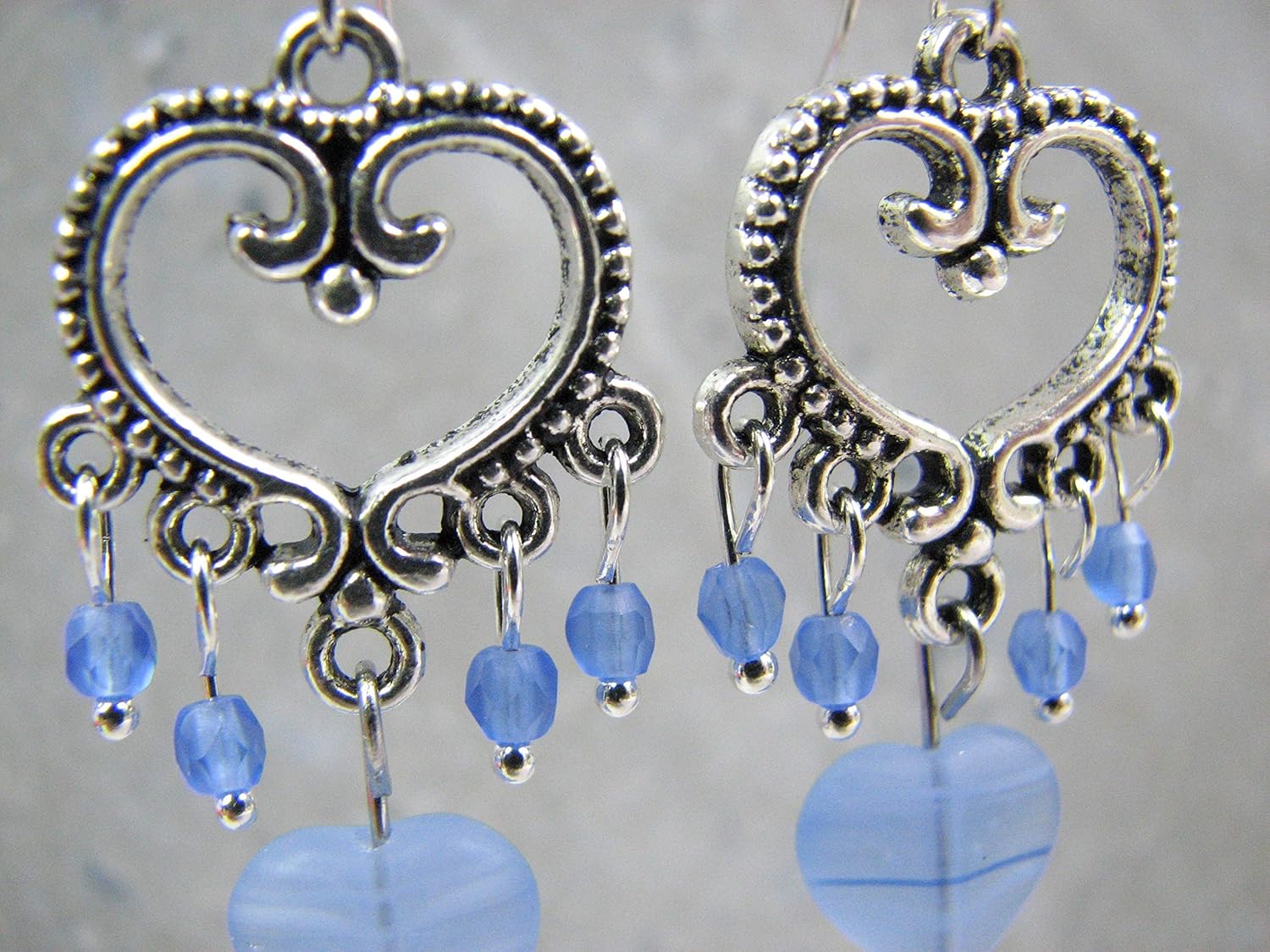 Blue and Silver Heart Chandelier Earrings Love and Valentines Day Dangles