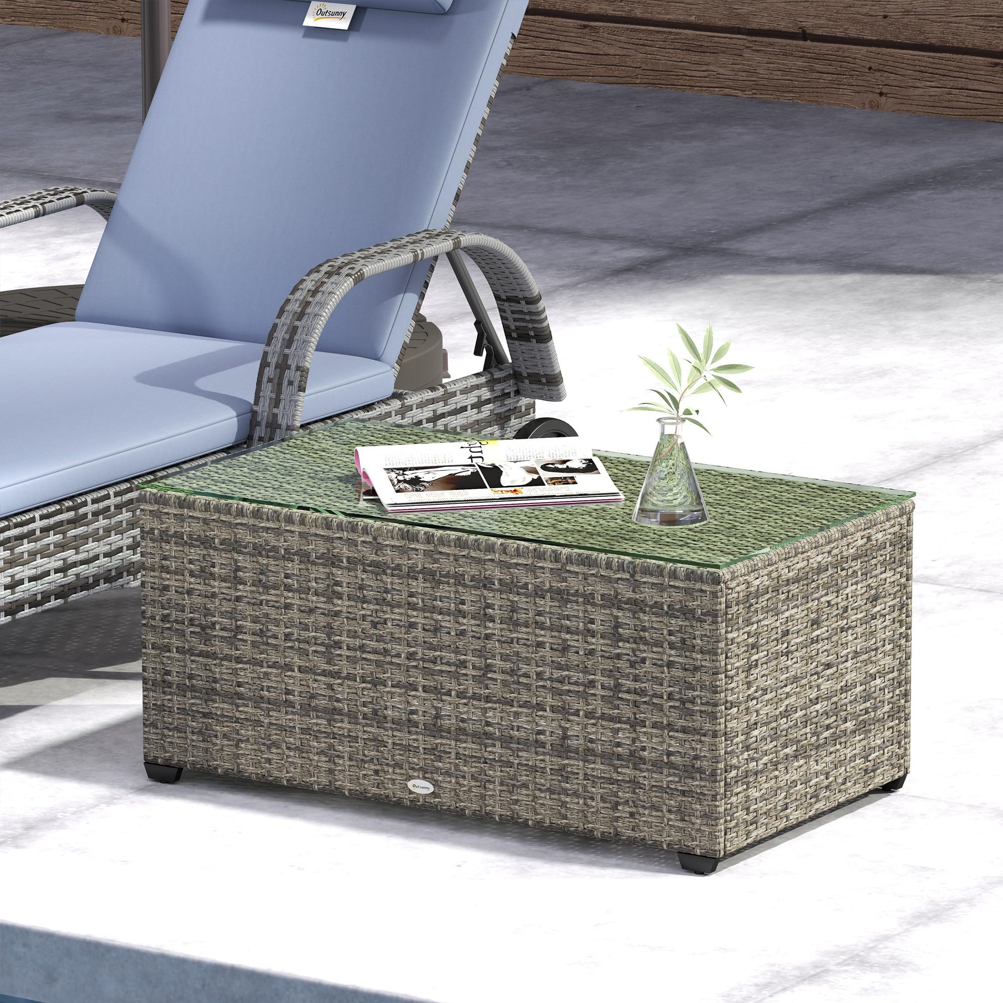 Outsunny Table Basse de Jardin, Table d'appoint en résine tressée Aspect rotin, Plateau en Verre trempé, Cadre en Acier, 90 x 50 x 38 cm, Gris foncé