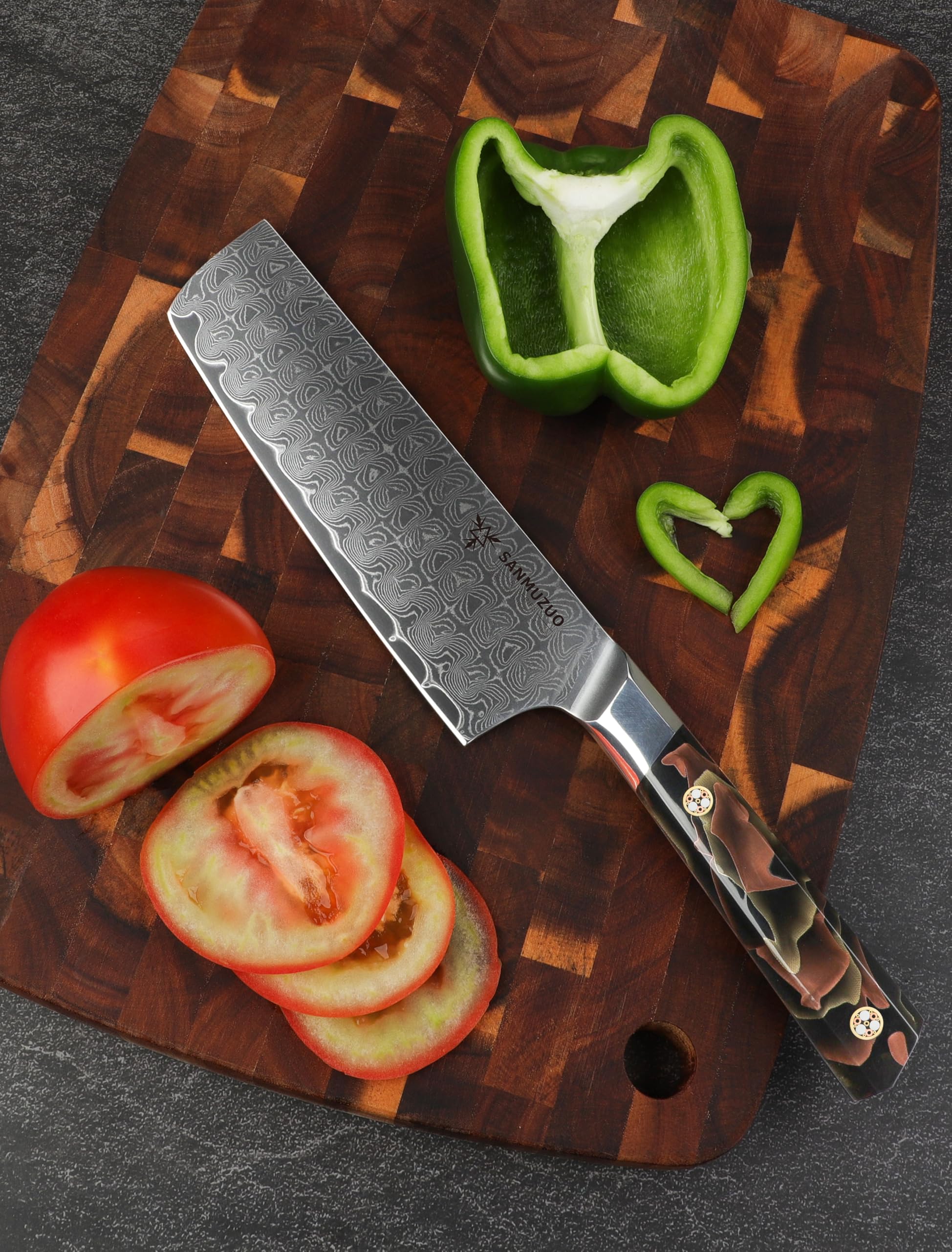 Coltello da cucina Nakiri da 18 CM, coltello da cucina professionale, acciaio in polvere di Damasco ultra affilato con impugnatura in resina a codolo intero, serie Bi