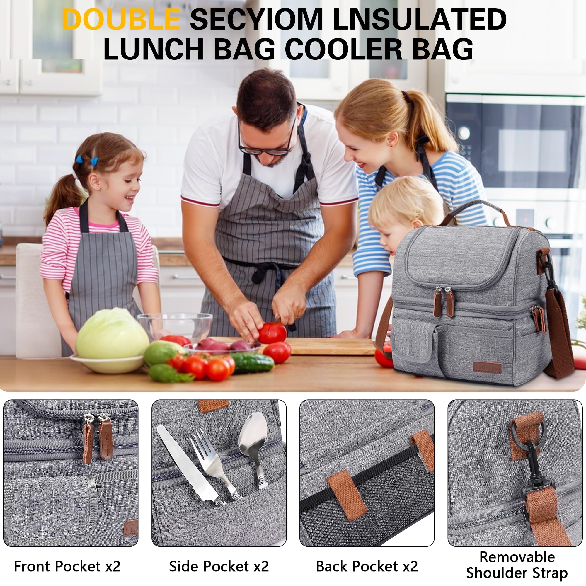LOKASS Sac à Lunch Sac Repas Isotherme À deux étages Fourre-Tout Lunch Bag Portable Glaciere Grand ouvert Thermique Repas Préparation Sac pour Pique-Nique/Travail/École/Femmes/Homm/Extérieur,Gris