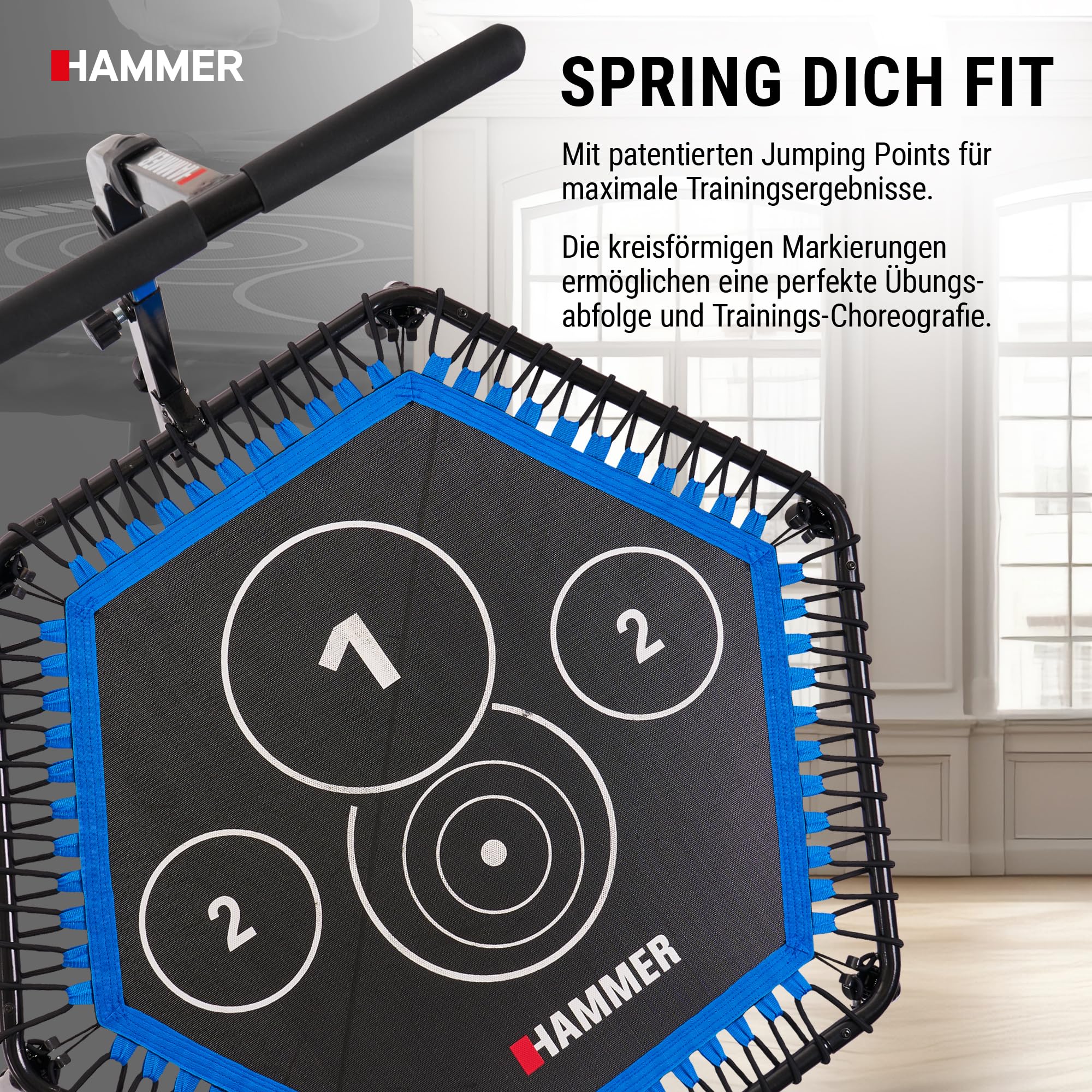 HAMMER Fitness-Trampolin Cross Jump, 98 cm Sprungfläche, patentierte Technik, mehrfach höhenverstellbarer Haltegriff, leistungsstark bis 130 kg Benutzergewicht