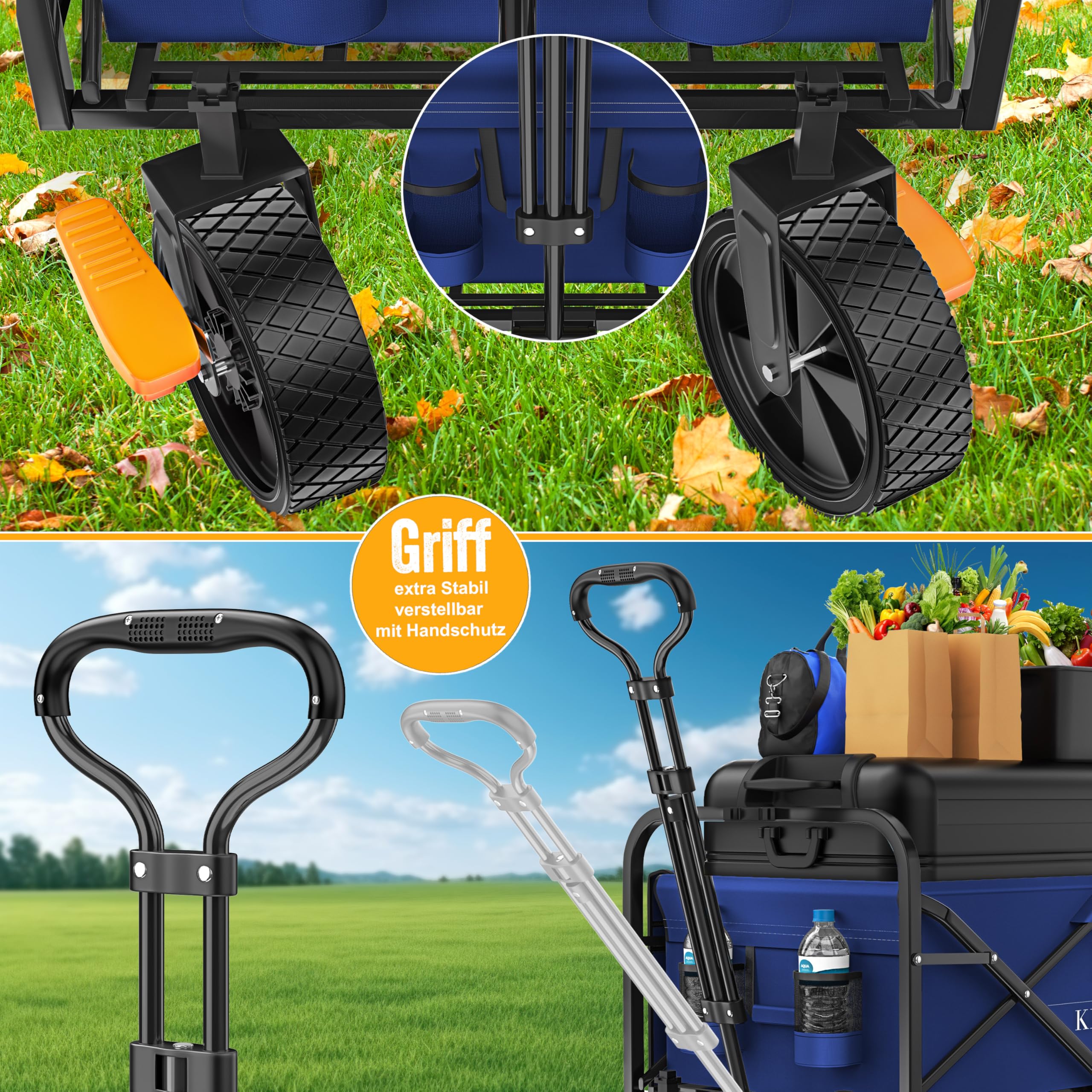 KESSER® Carrello Pieghevole Carrello a Mano Carretto da Trasporto | incl. 2 Tasche a Rete | Pieghevole | Ruote in PVC | capacità di carico Fino a 80 kg Carretto da Trasporto