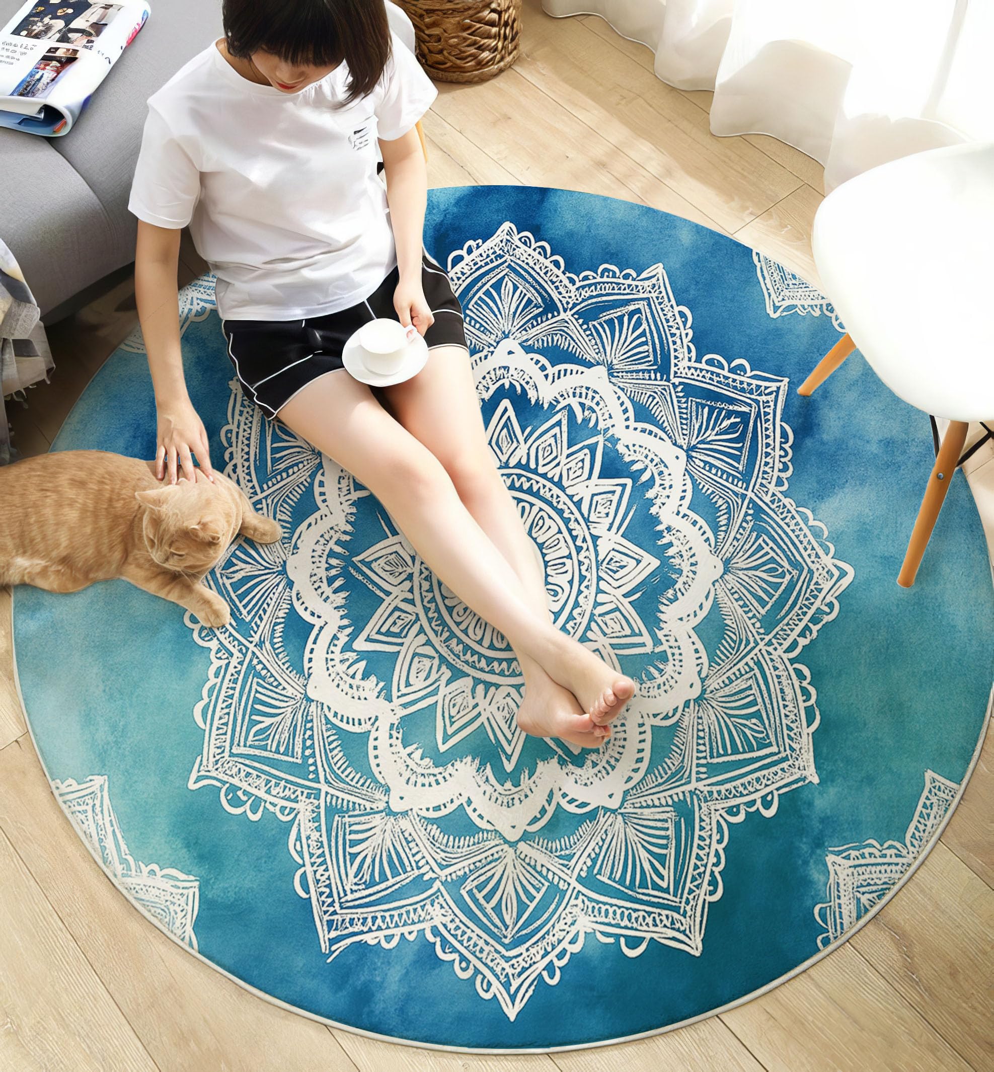 Bohème-Stil Kurzflor Teppich, Spitzen-Mandala Rund Teppich Waschbarer, 100cm rutschfest Carpet Weicher Kreis Teppiche für Kinderzimmer Esszimmer Büro, Blau
