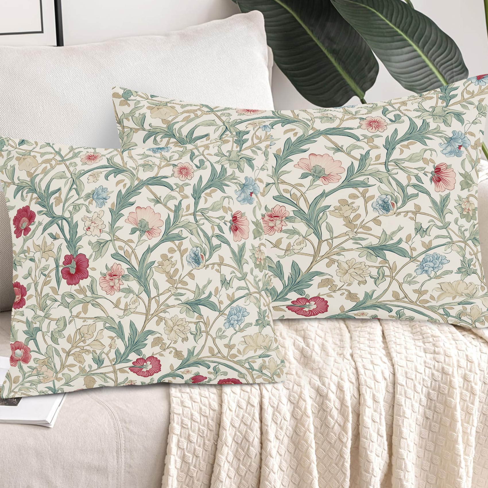 Vintage Floral Cushion Covers 45 x 45 cm Set of 2, Reversible William Morris Throw Pillow Case for Sofa Bed Decorative, Rustic Flower Plants Printed Pillow Covers with Invisible Zipper 18x18 Inch