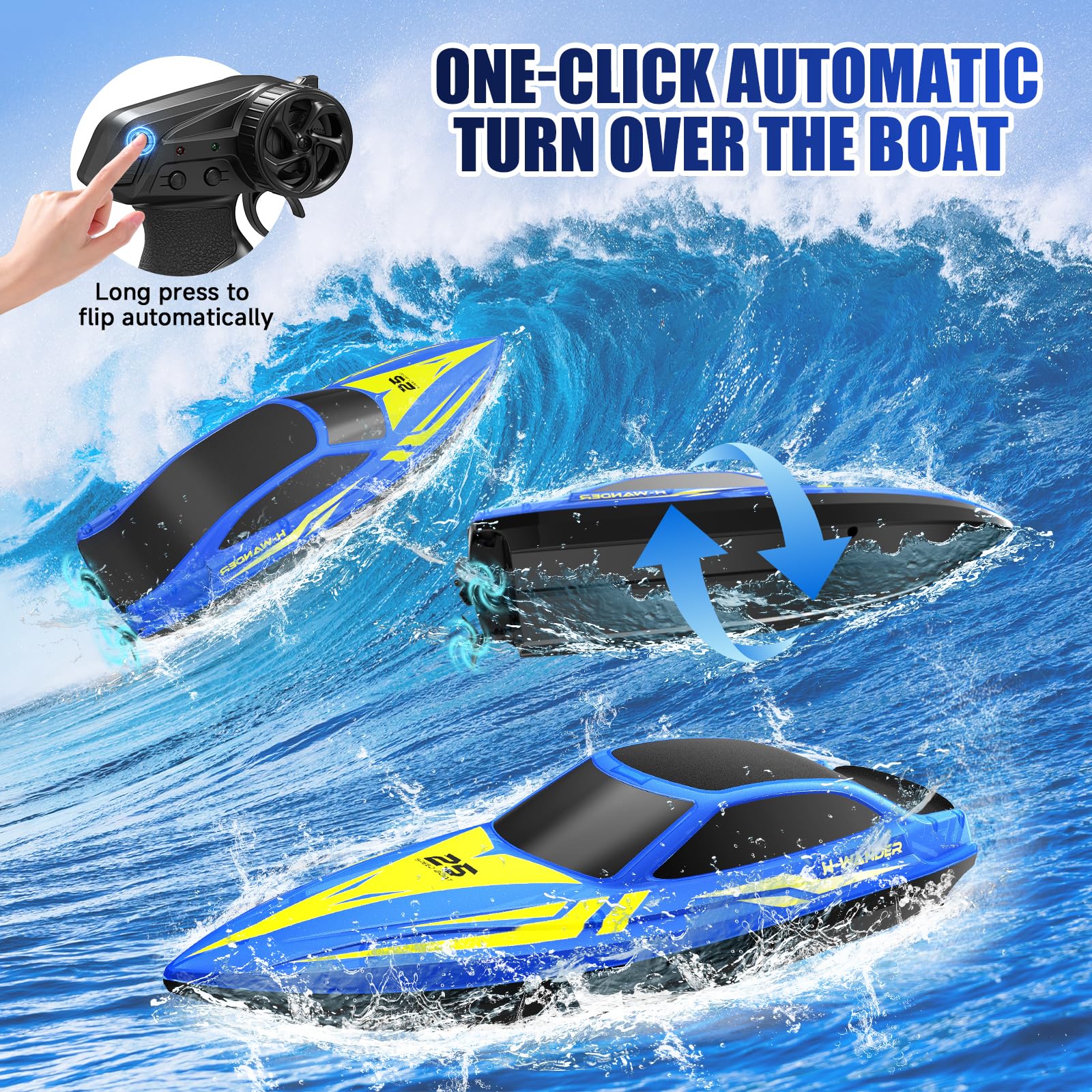 WUQNGI Barco Teledirigido Profesional con Luces LED de 7 Modos, Lancha Teledirigida de Alta Velocidad para Niños y Adultos, Barco RC para Piscina y Lago, 2 Baterías 120 Min, 2.4GHz, Autoadrizable - 5