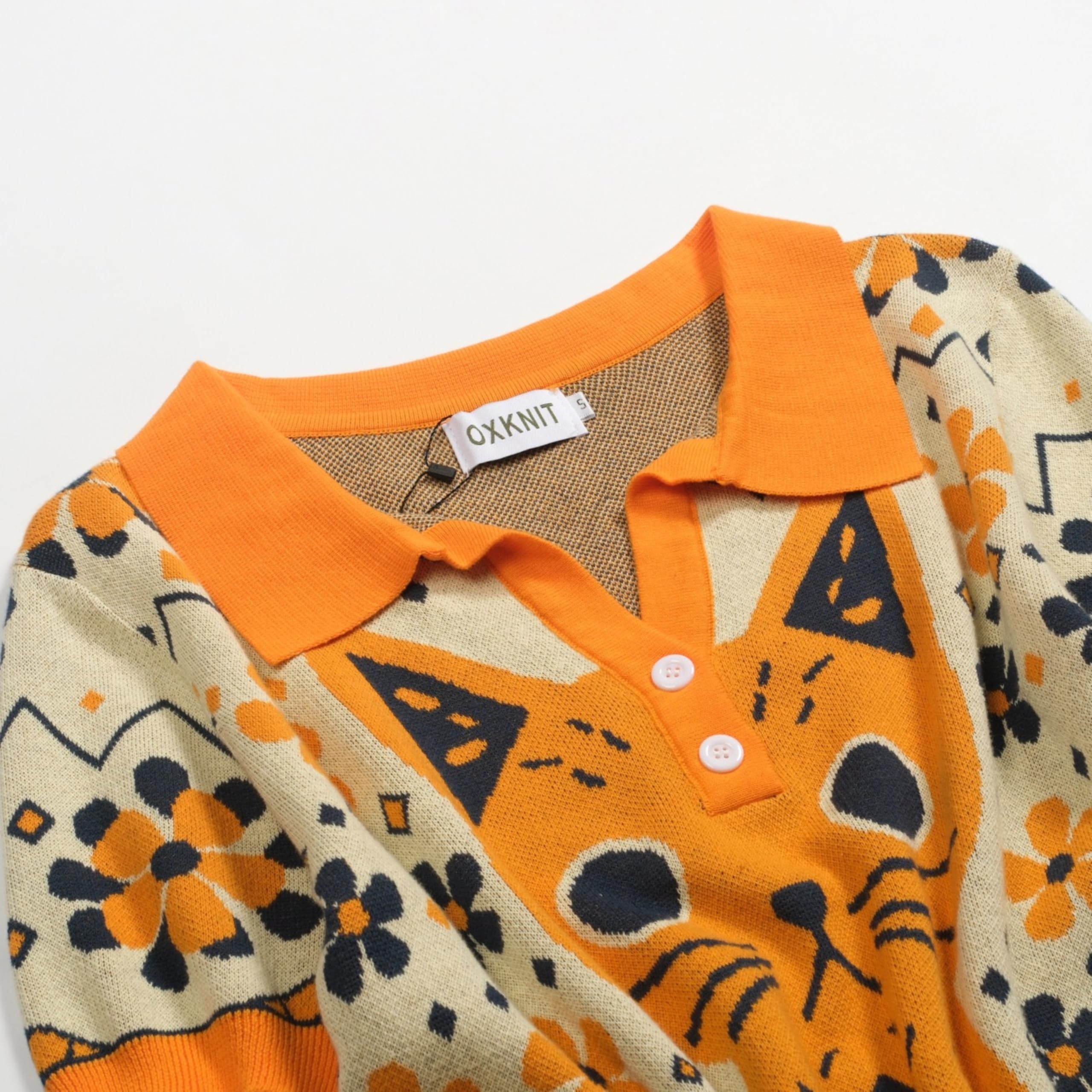 OXKNIT Poloshirt Damen Gelb Vintage Cat Jacquard Baumwolle Strick Polohemd mit V-Ausschnitt für Casual