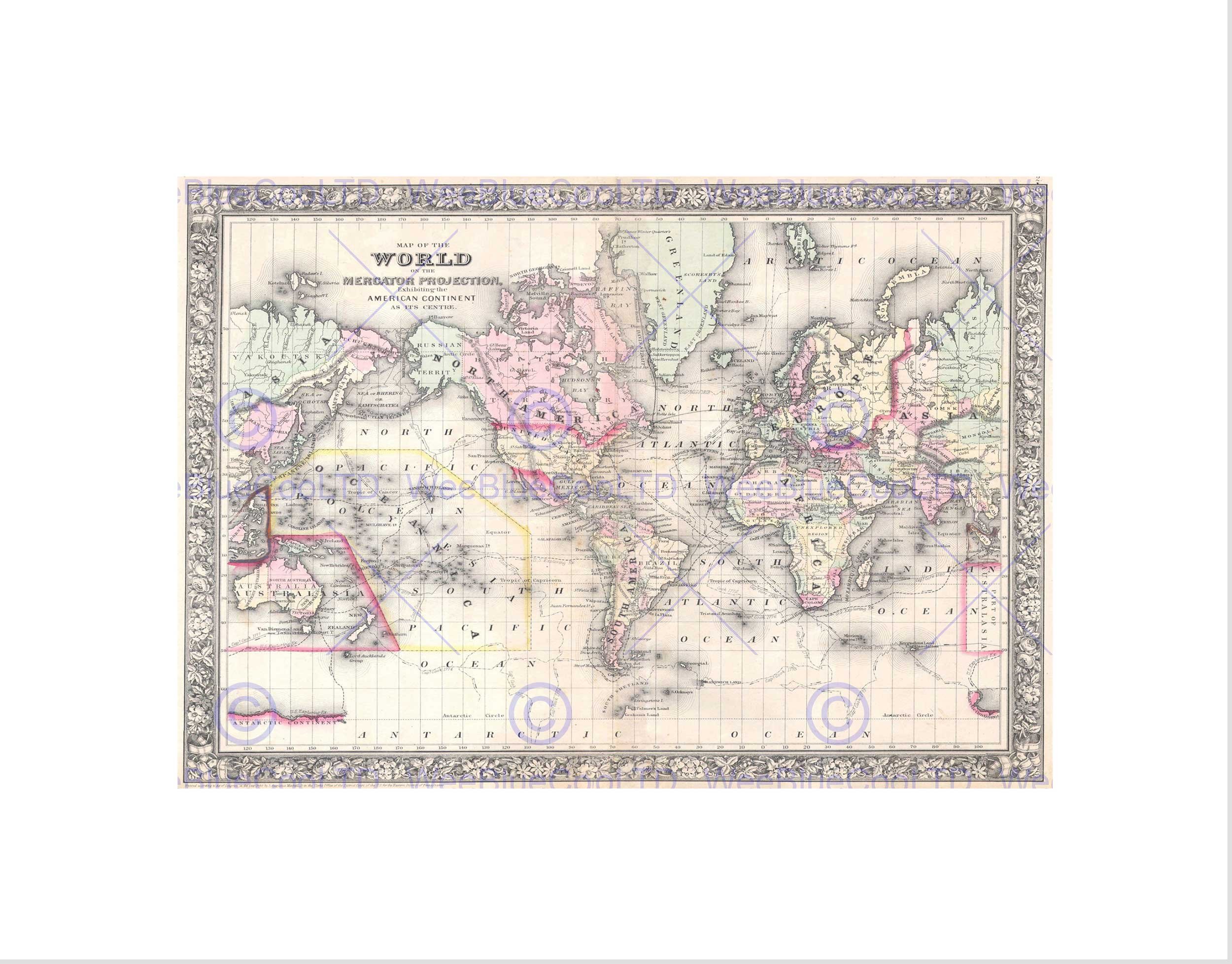 Wee Blue Coo 1864 Mitchell Map The World On Mercator Projection Vintage Wall Art Print