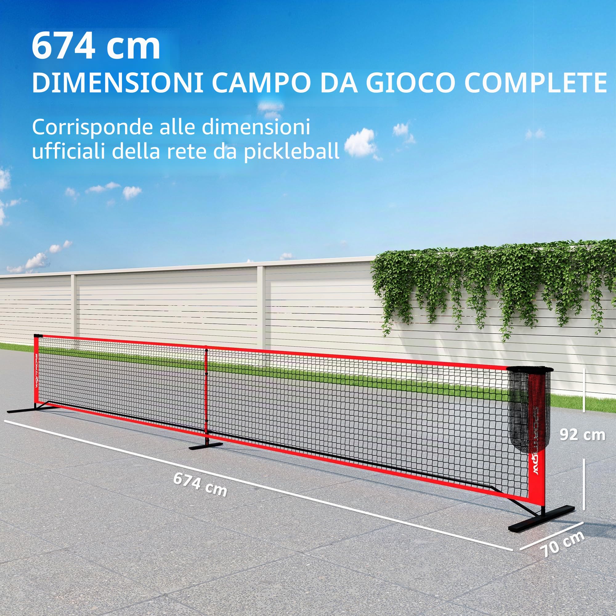 SPORTNOW rete da pickleball set portatile da 6,7 m con rete, set per segnare il campo, raccoglitore di palline, quattro palline e borsa per il trasporto per esterni, vialetto