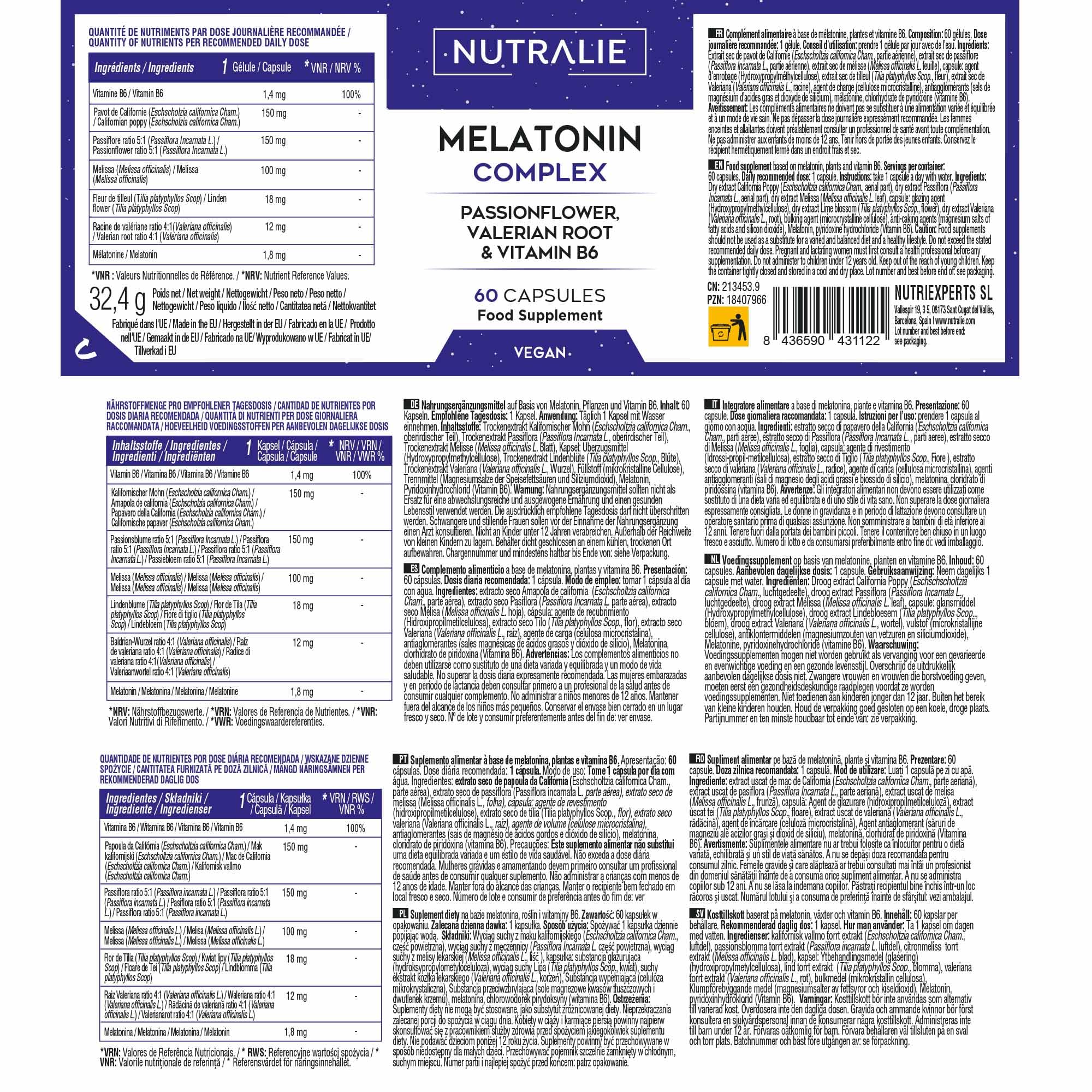 Melatonina 1,8mg Complex - Conciliar Sueño y Jet Lag - Valeriana + Pasiflora + Vit B6-60 Cápsulas Veganas Melatonin Complex Nutralie