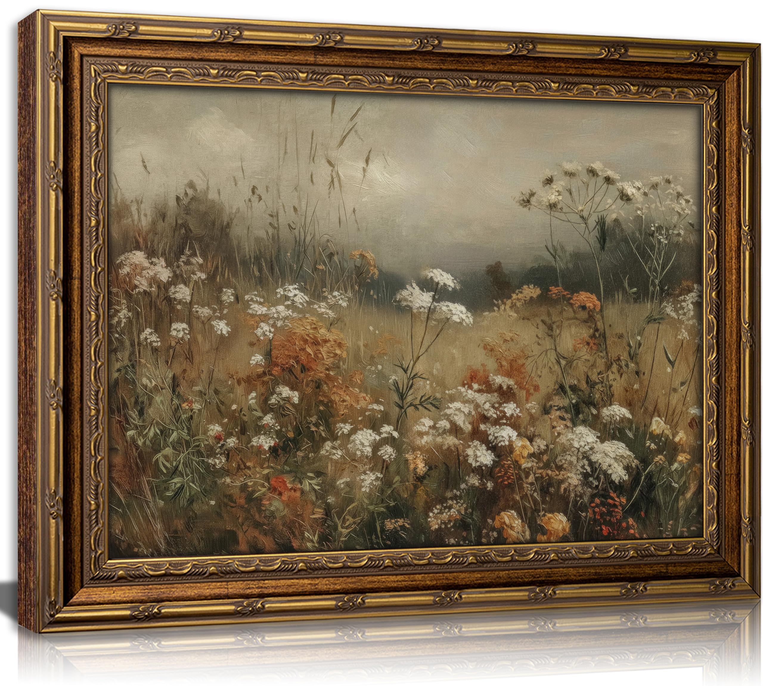 Vintage Gold Framed Wildflower Meadow Wall Art, Dark Academia Moody Floral Painting Canvas Prints, Rustic Nature Botanical Floral Wall Decor, Cottagecore Neutral Landscape Poster Artwork for Bedroom Living Room,9x11in