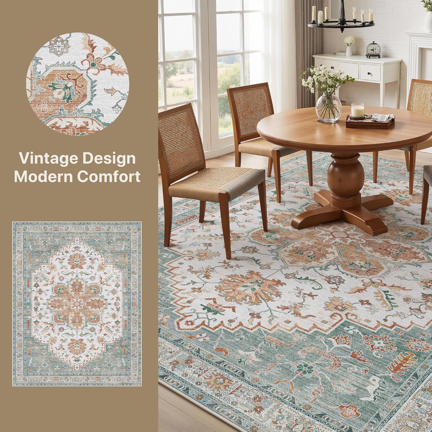 GENIMO 8X10 Area Rugs for Living Room, Machine Washable Vintage Floor Cover Foldable Modern Non Slip Rug, Low Pile Soft Indoor Carpet Floral Print Mat Rug,Bedroom/Dining Room/Home Office,Mint Green 8' x 10' (Rectangular) Mint Green