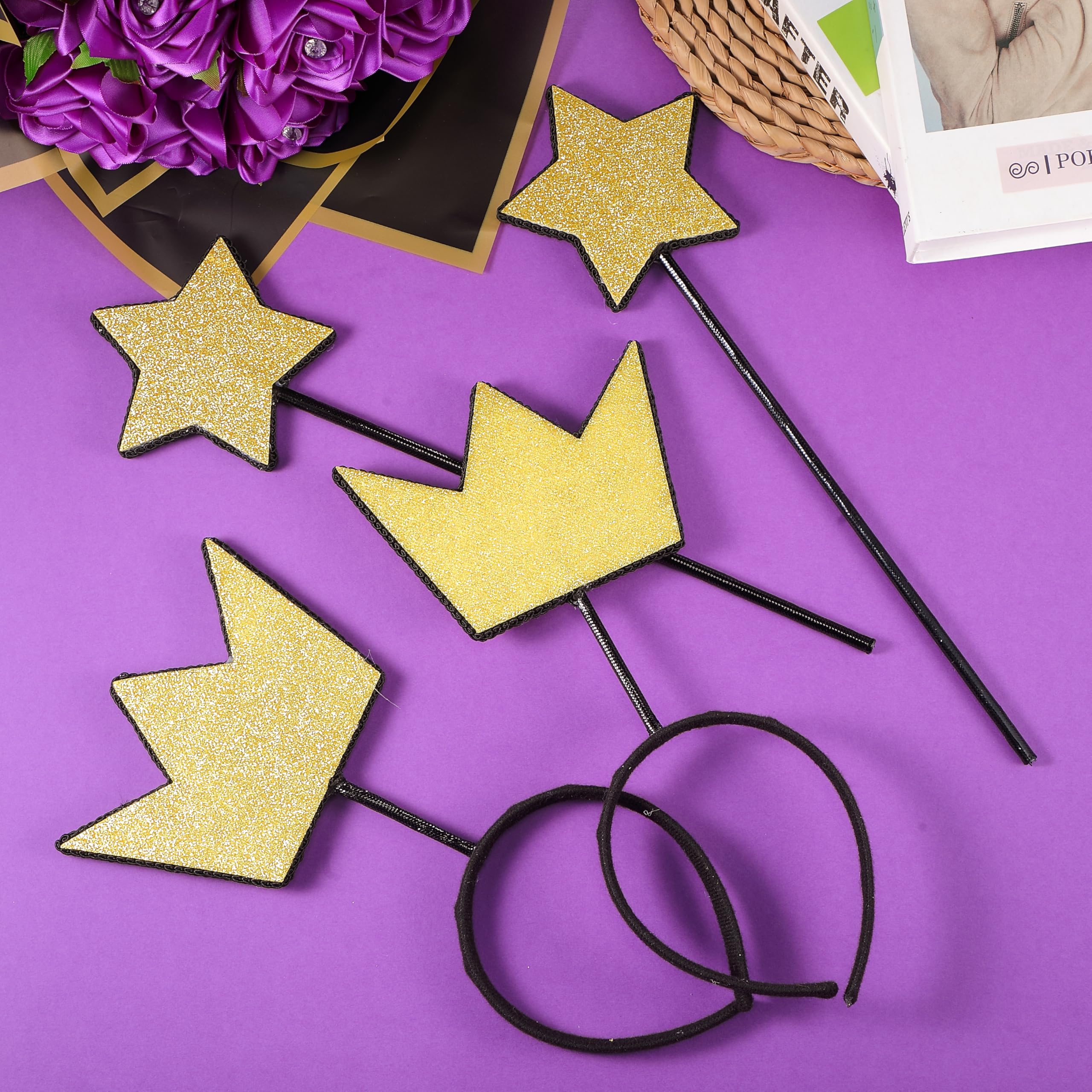 Sratte 4-teiliges Feenstern-Zauberstab- und Kronen-Stirnband-Set, Glitzer-Prinzessinnenstern-Zauberstab und goldfarbene Krone, Stirnband-Set, Engel-Prinzessinnen-Verkleidungsset für Halloween