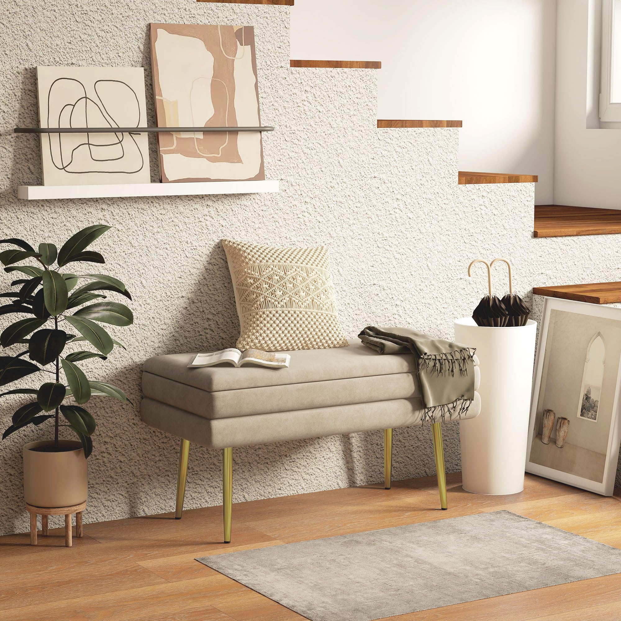 HOMCOM Puff Almacenaje 30L Banco Pie de Cama 79,5x37,5x43 cm Beige | Tapa Abatible, Patas de Acero, Tapizado en Terciopelo, Dormitorio, Salón, Entrada, Carga 120 kg